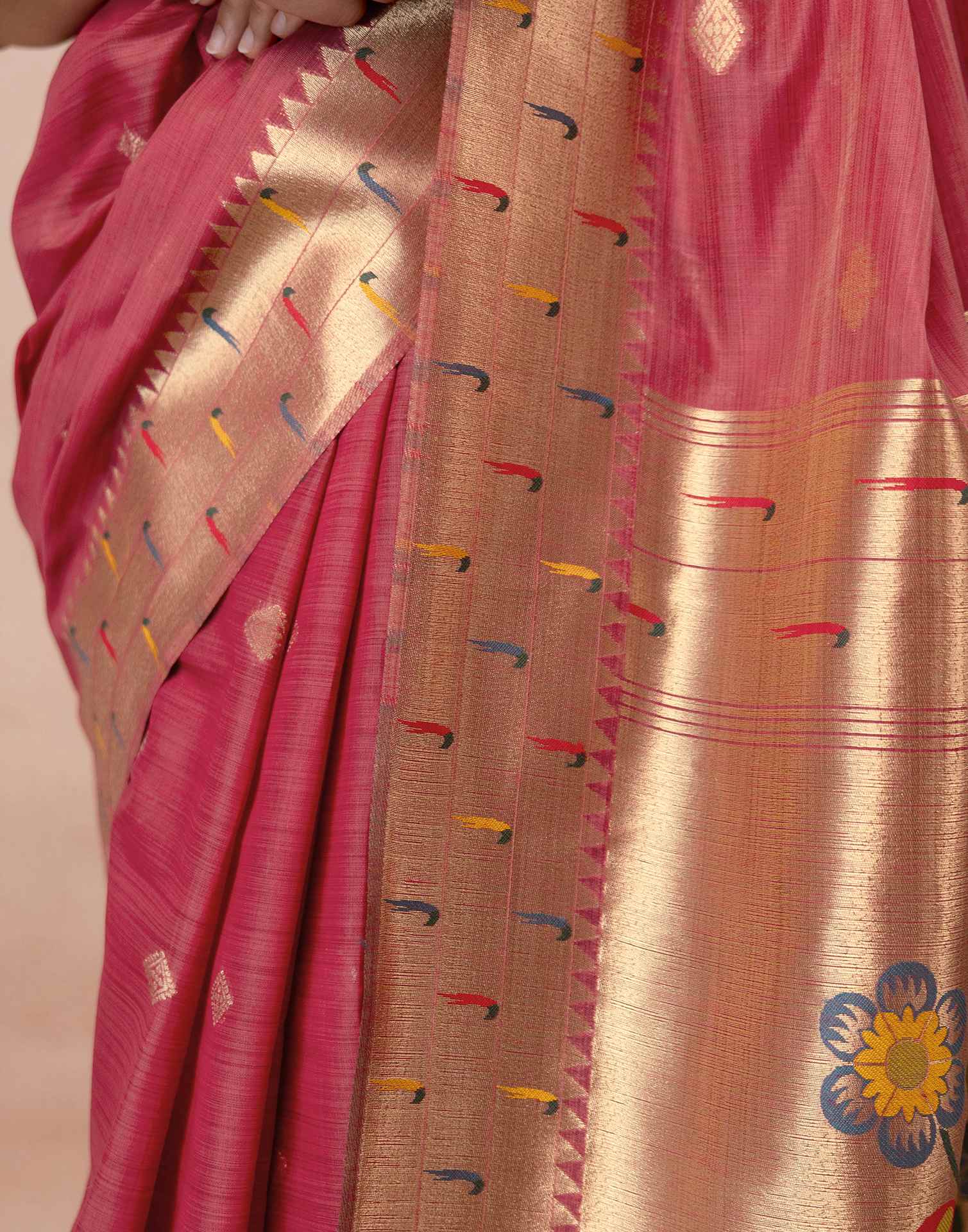 Dark Rose Pink Chanderi Cotton Woven Paithani Saree - Image 12