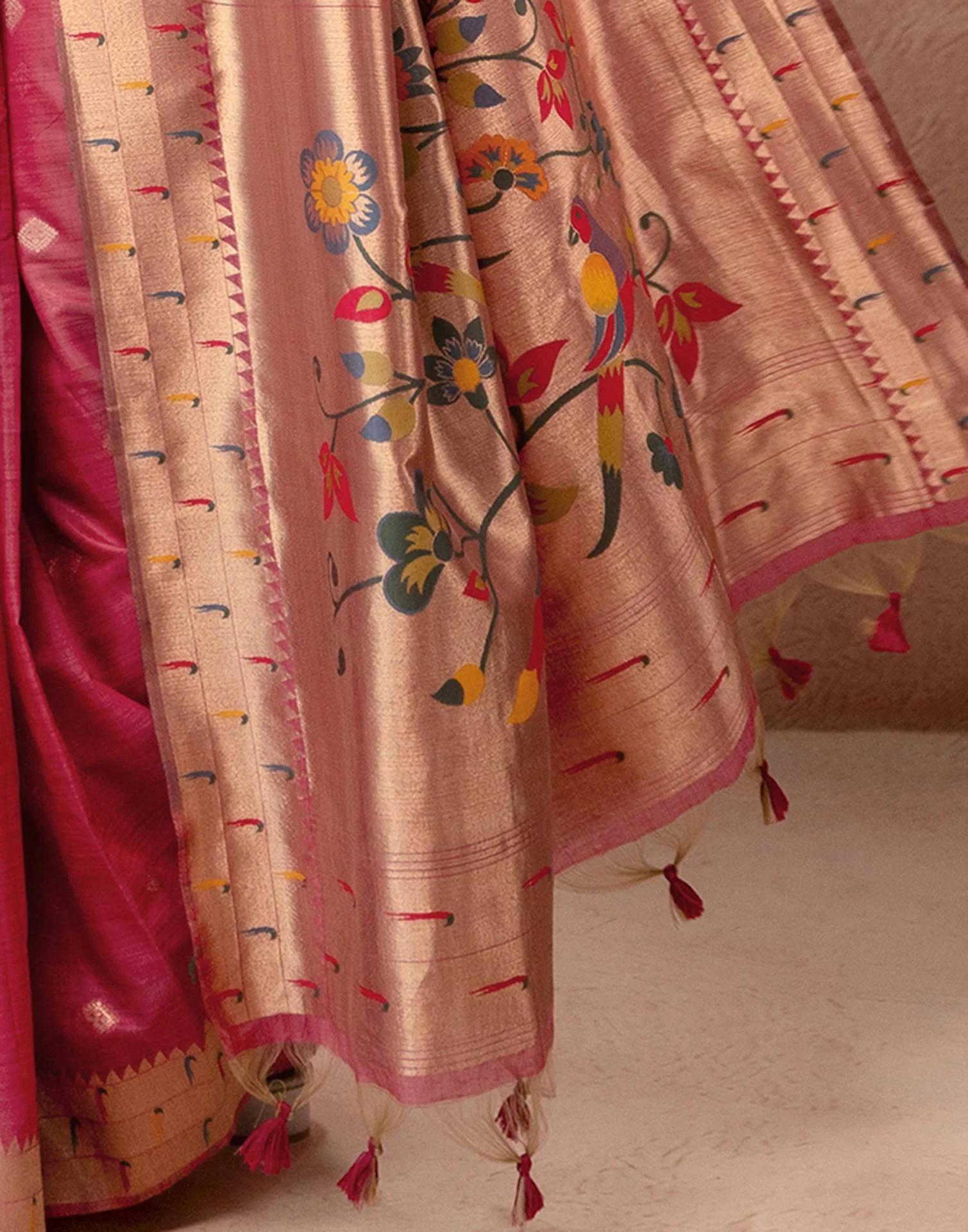 Dark Rose Pink Chanderi Cotton Woven Paithani Saree - Image 13