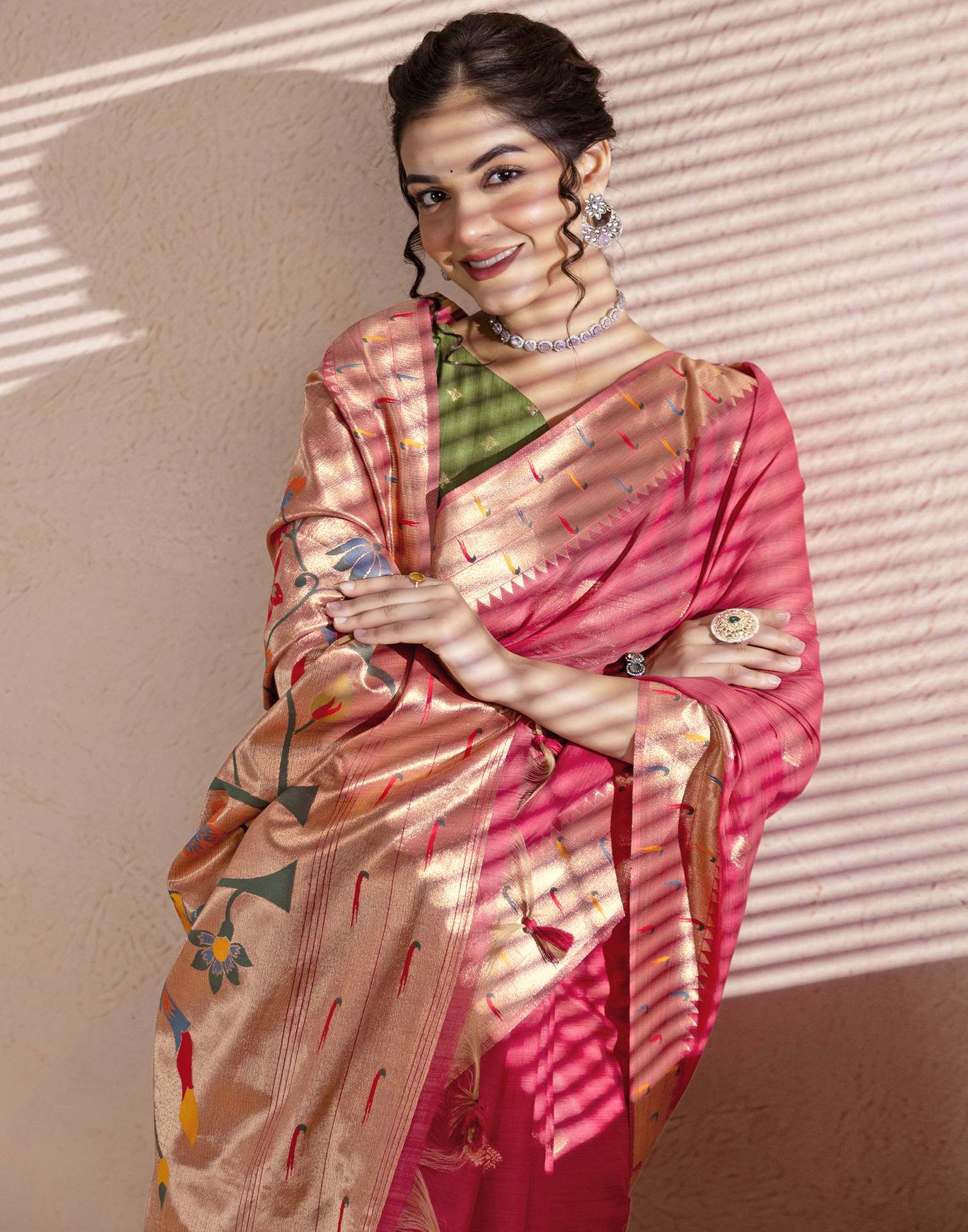 Dark Rose Pink Chanderi Cotton Woven Paithani Saree - Image 2