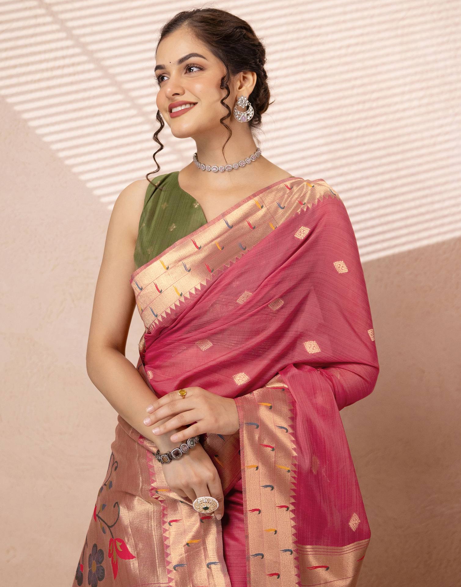 Dark Rose Pink Chanderi Cotton Woven Paithani Saree - Image 4