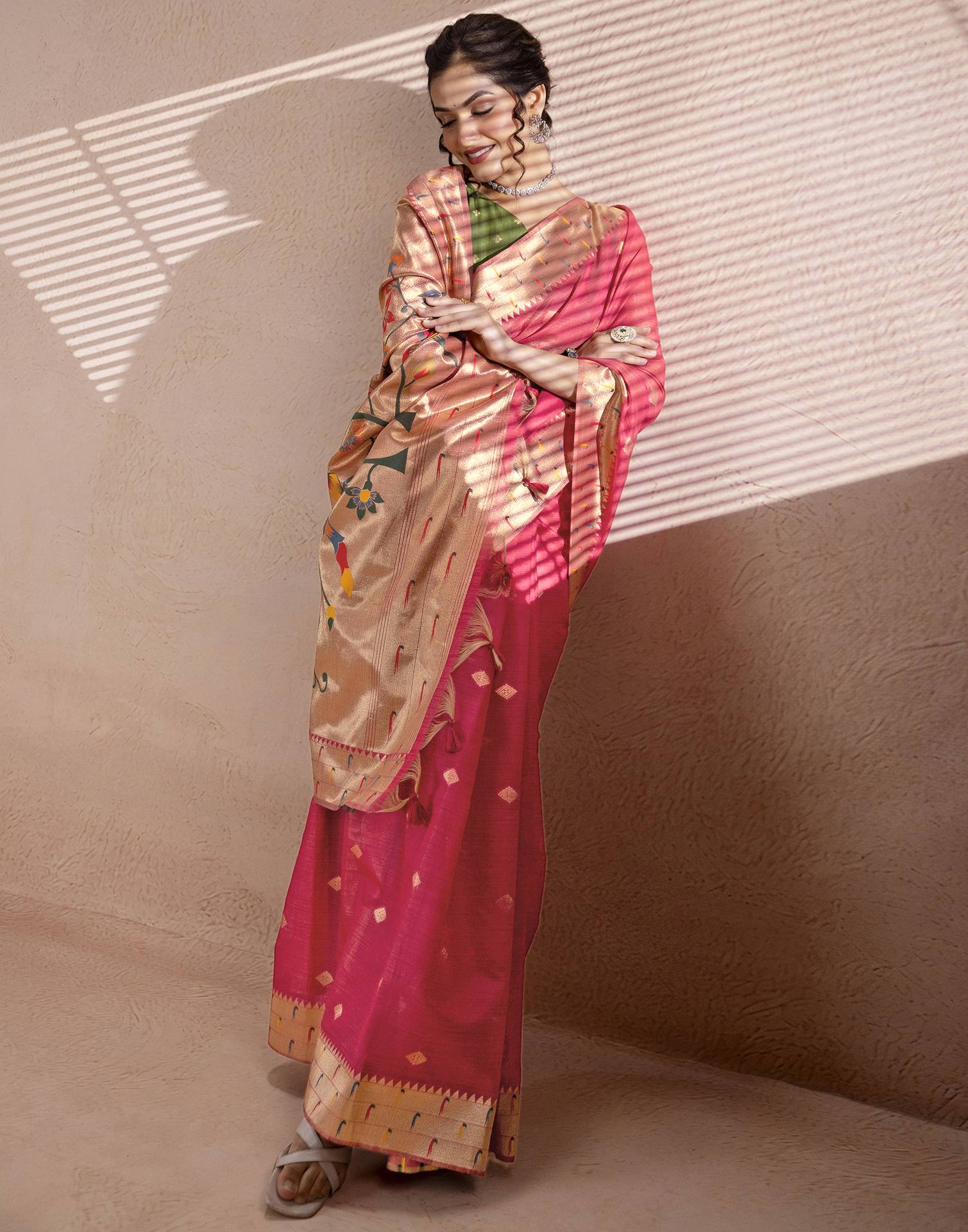 Dark Rose Pink Chanderi Cotton Woven Paithani Saree - Image 5