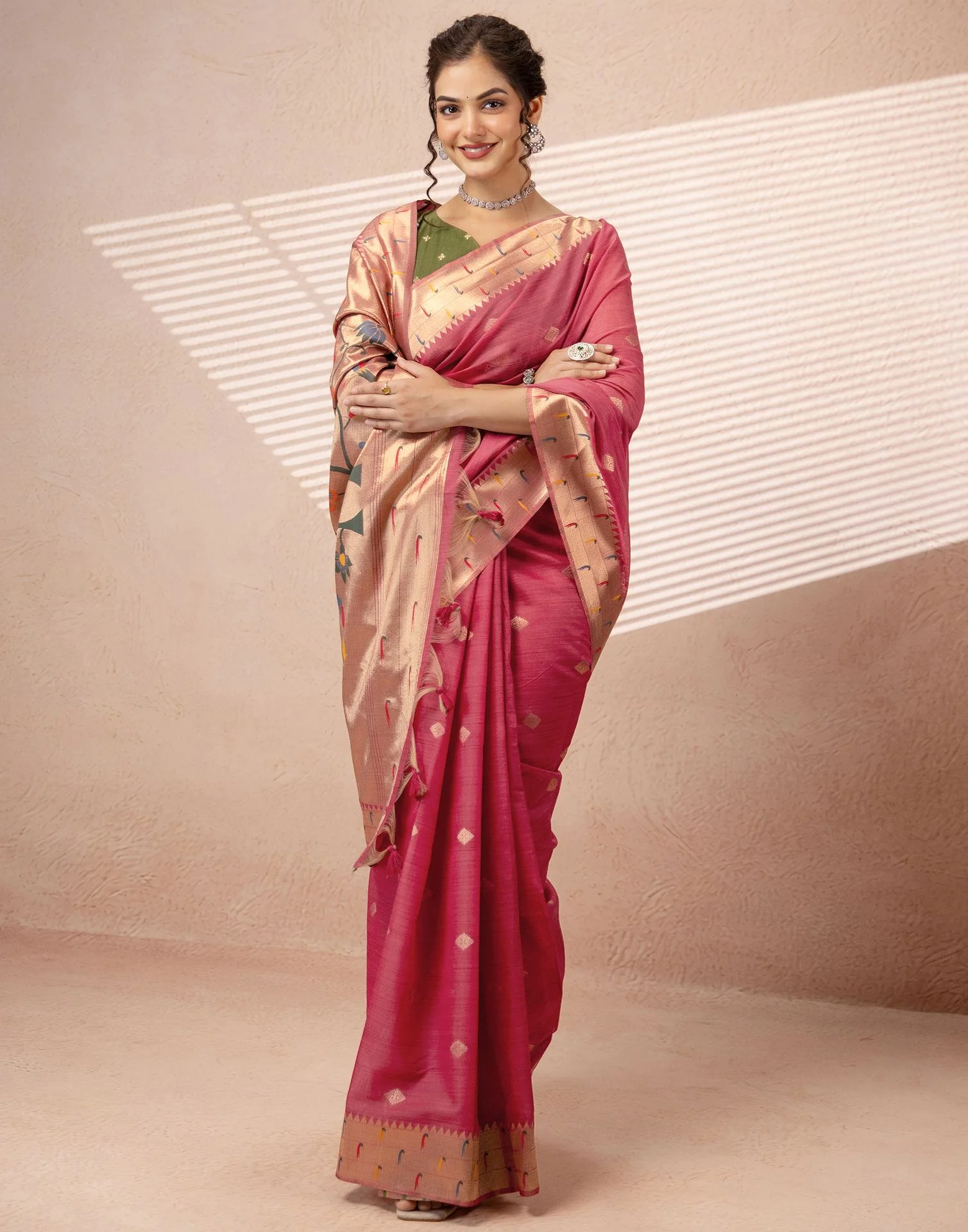 Dark Rose Pink Chanderi Cotton Woven Paithani Saree - Image 7