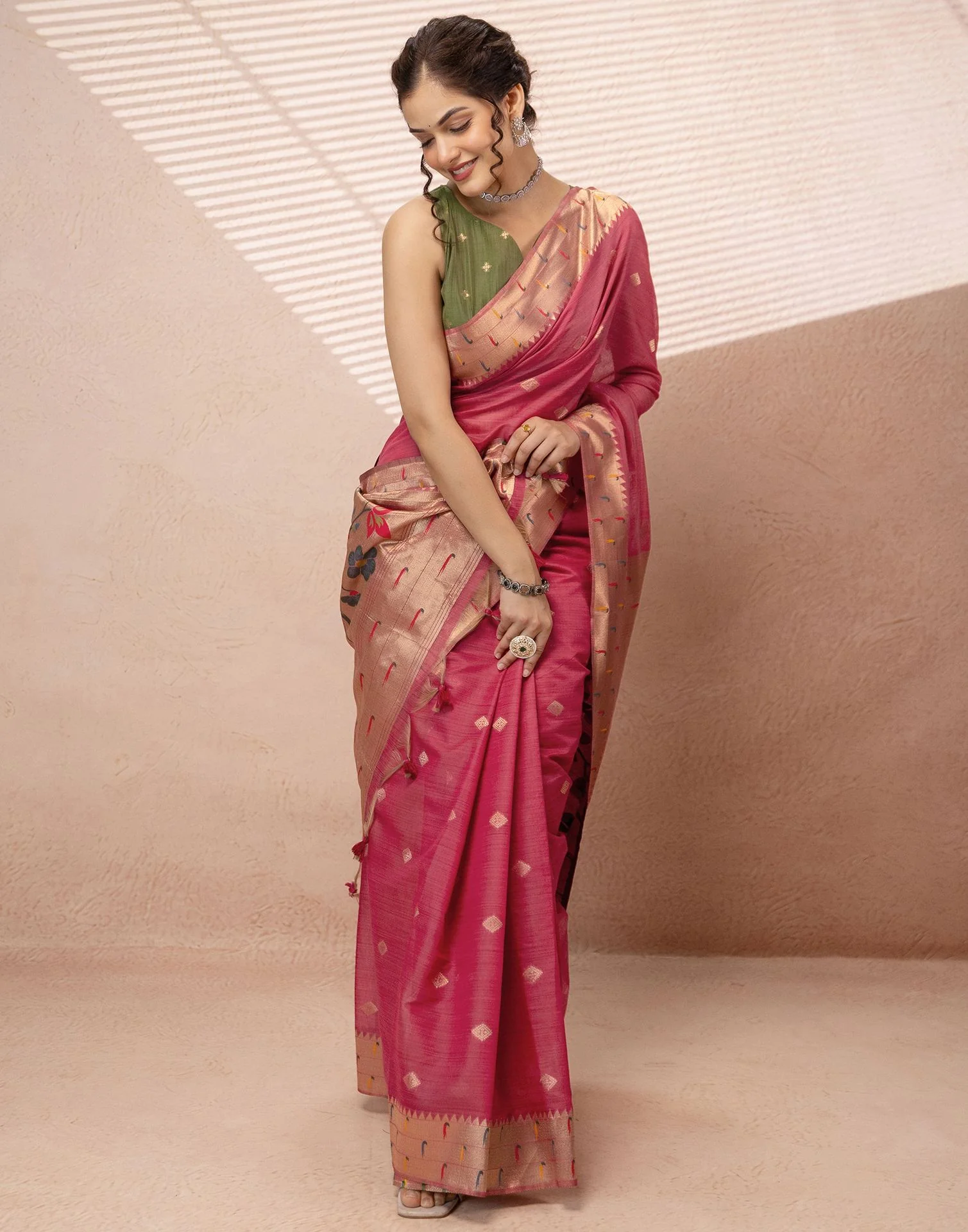 Dark Rose Pink Chanderi Cotton Woven Paithani Saree - Image 8