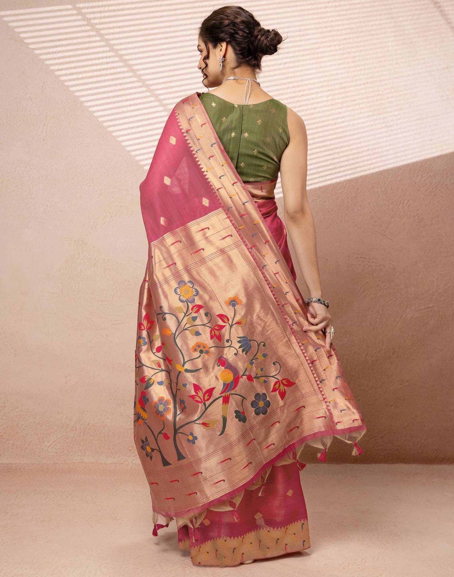 Dark Rose Pink Chanderi Cotton Woven Paithani Saree - Image 9