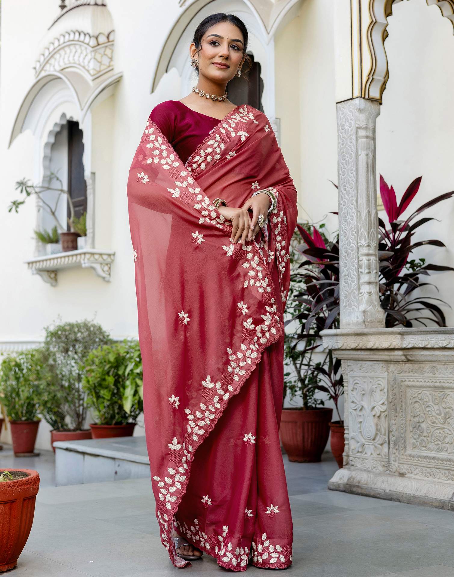 Dark Rose Pink Shimmer Embroidery Saree - Image 4