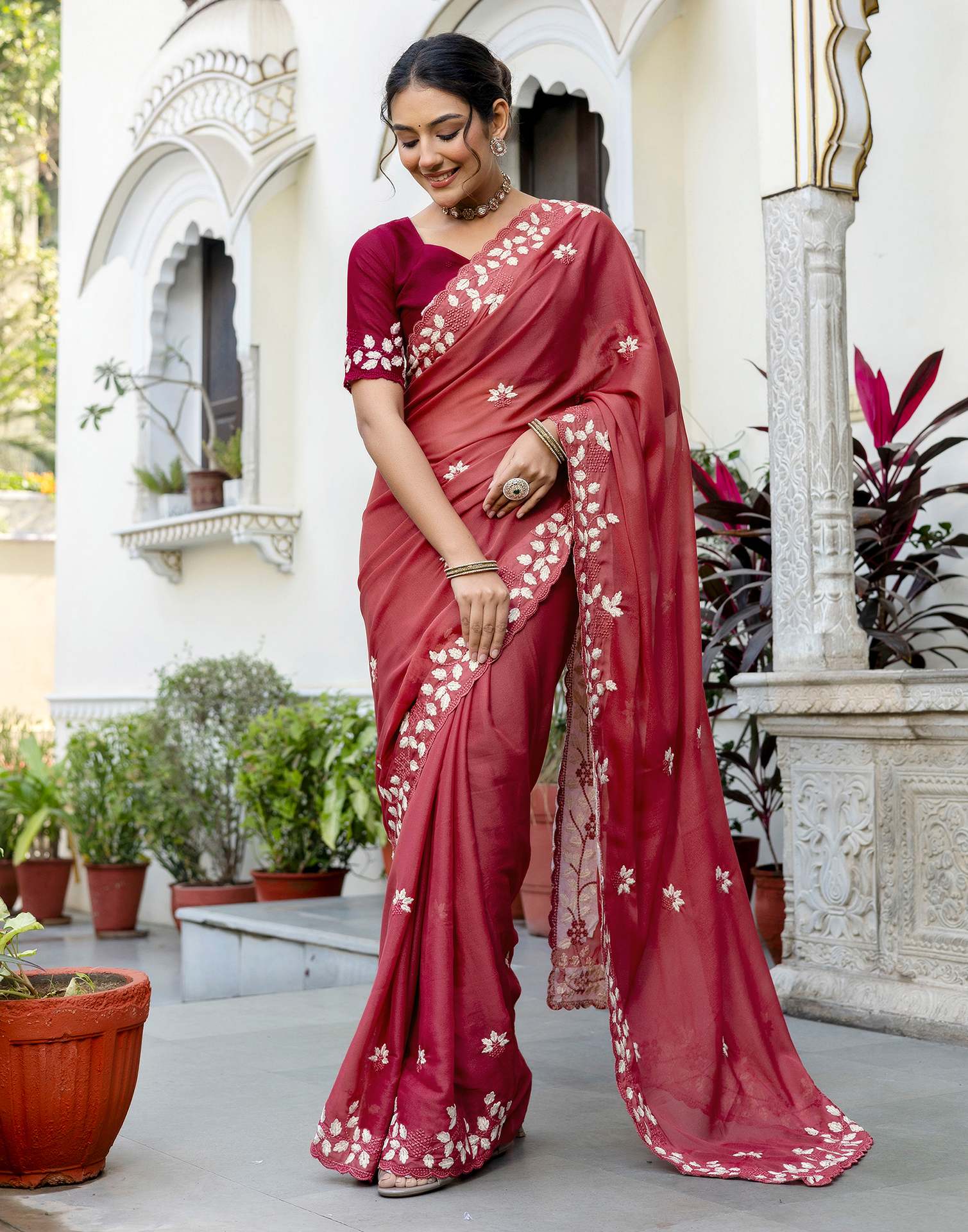 Dark Rose Pink Shimmer Embroidery Saree - Image 5