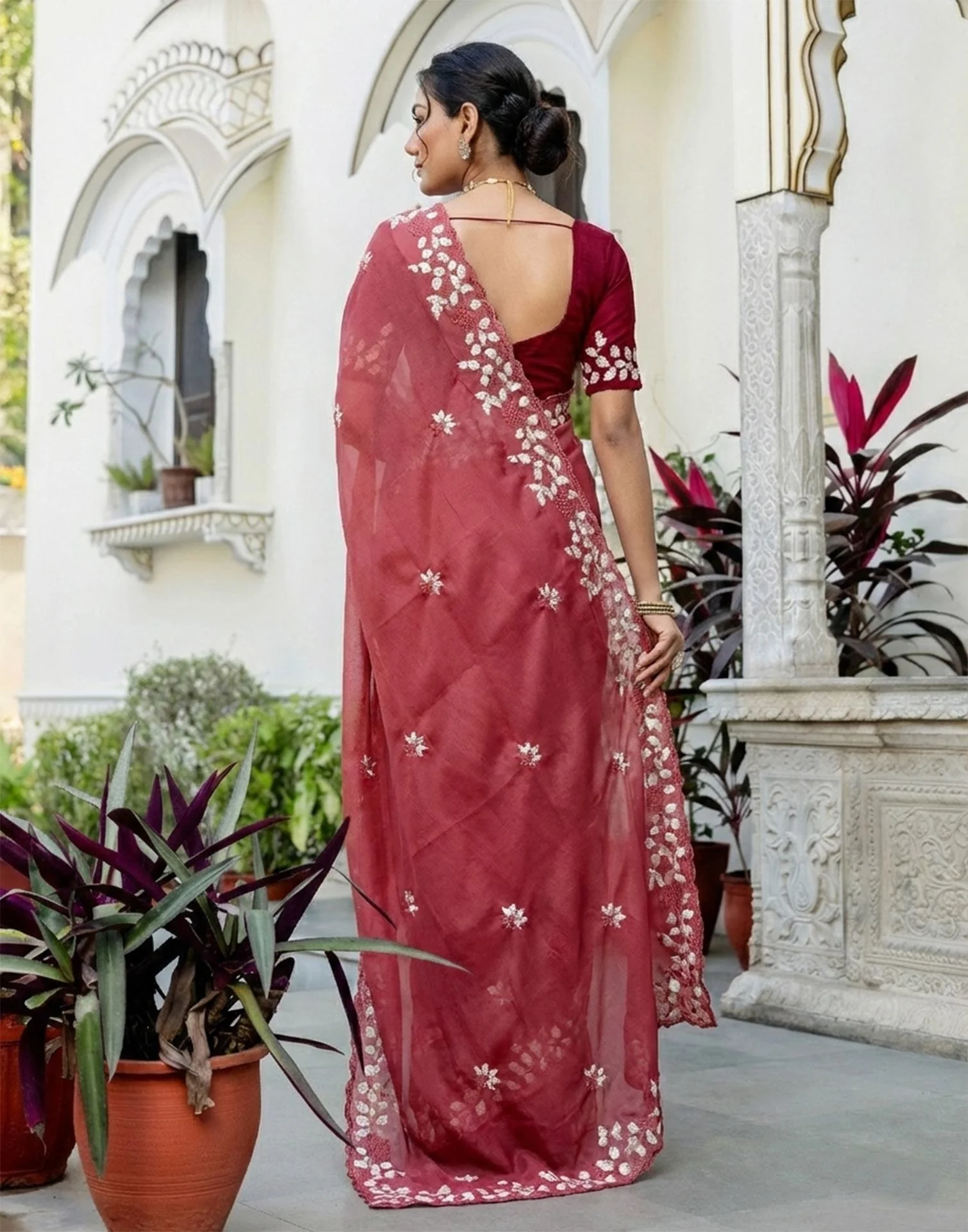 Dark Rose Pink Shimmer Embroidery Saree - Image 6