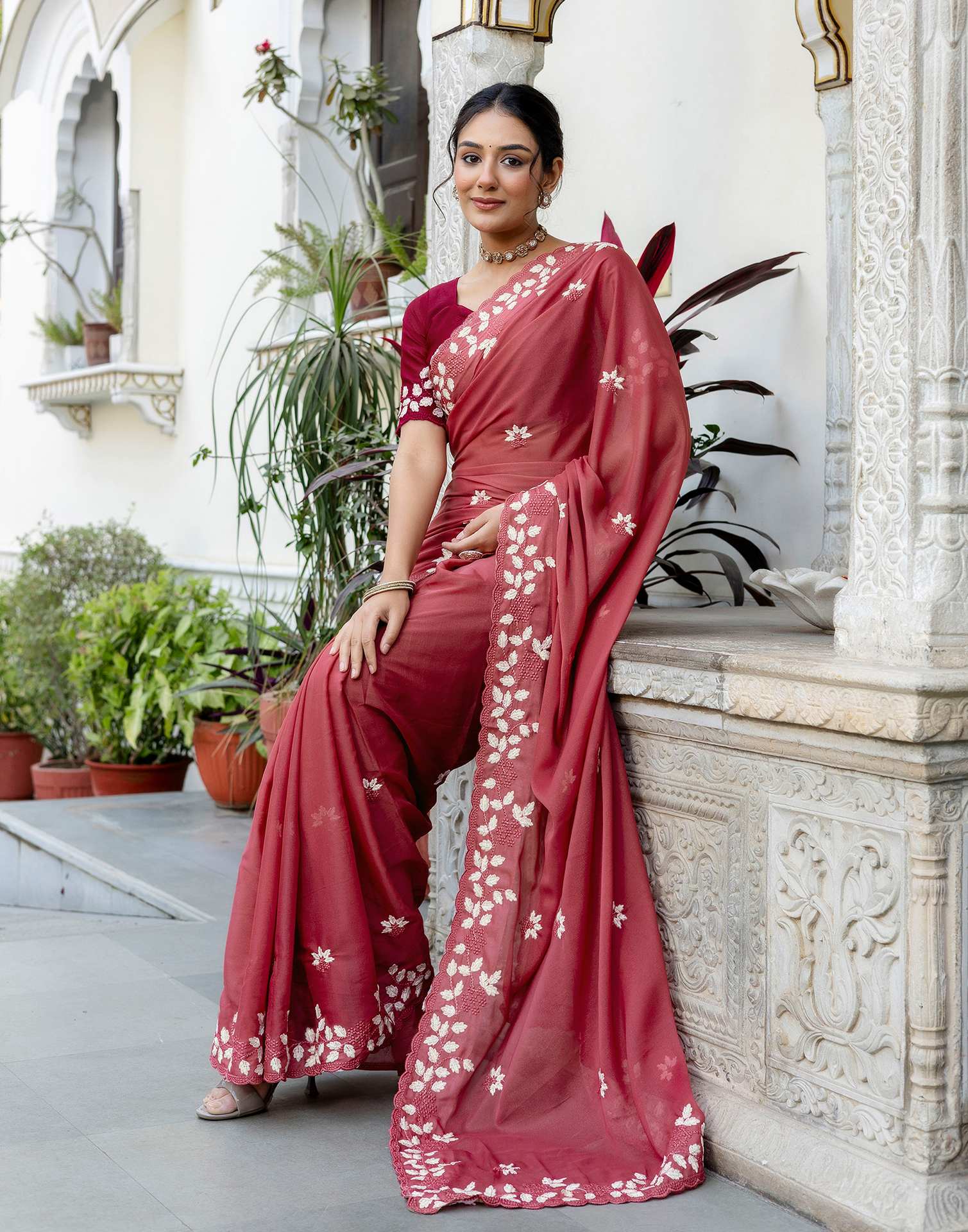 Dark Rose Pink Shimmer Embroidery Saree - Image 7
