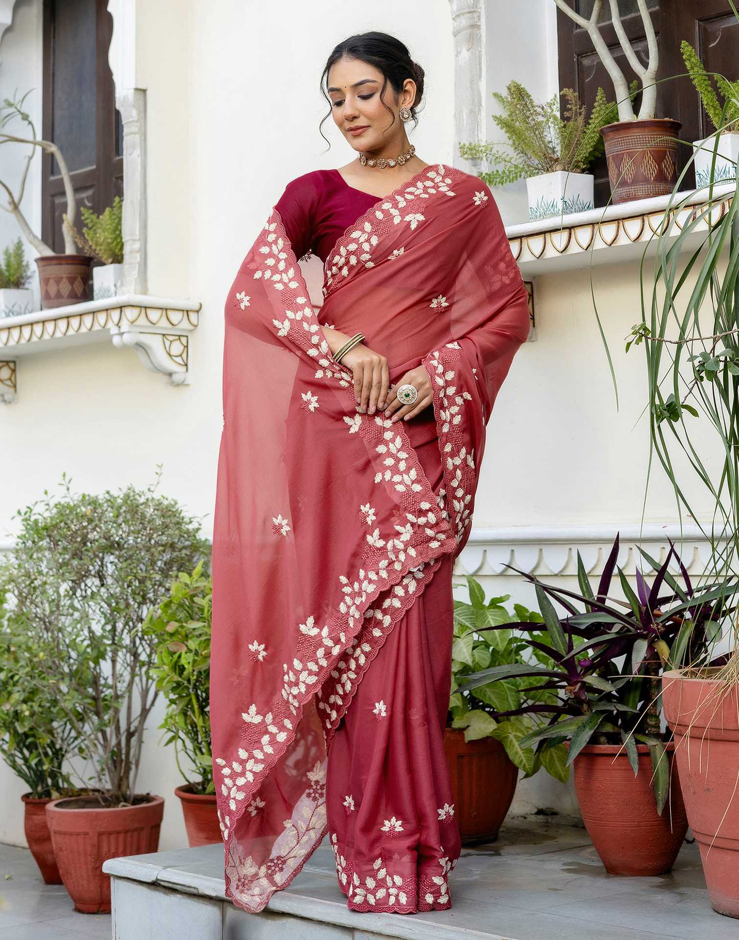 Dark Rose Pink Shimmer Embroidery Saree - Image 8