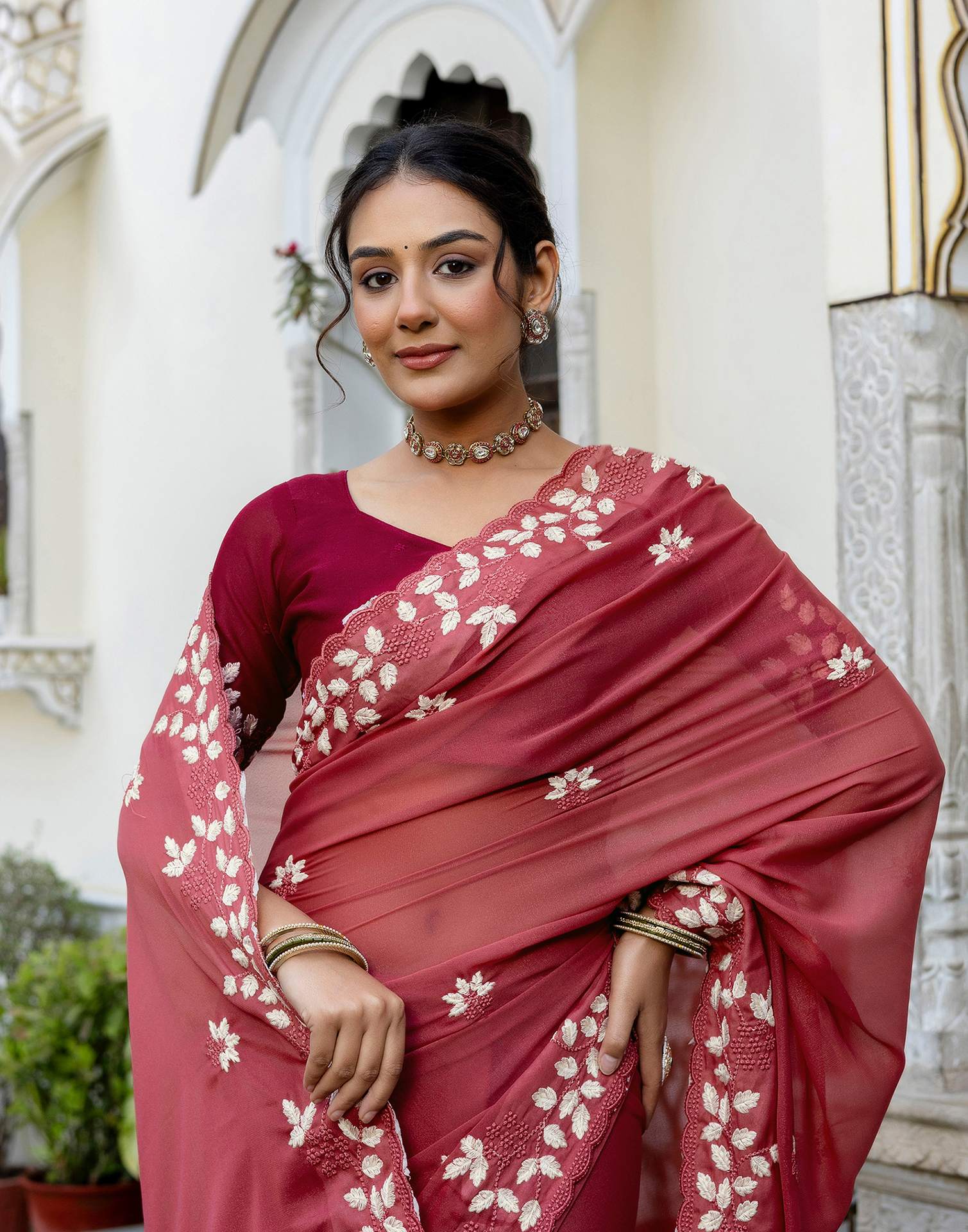 Dark Rose Pink Shimmer Embroidery Saree - Image 9