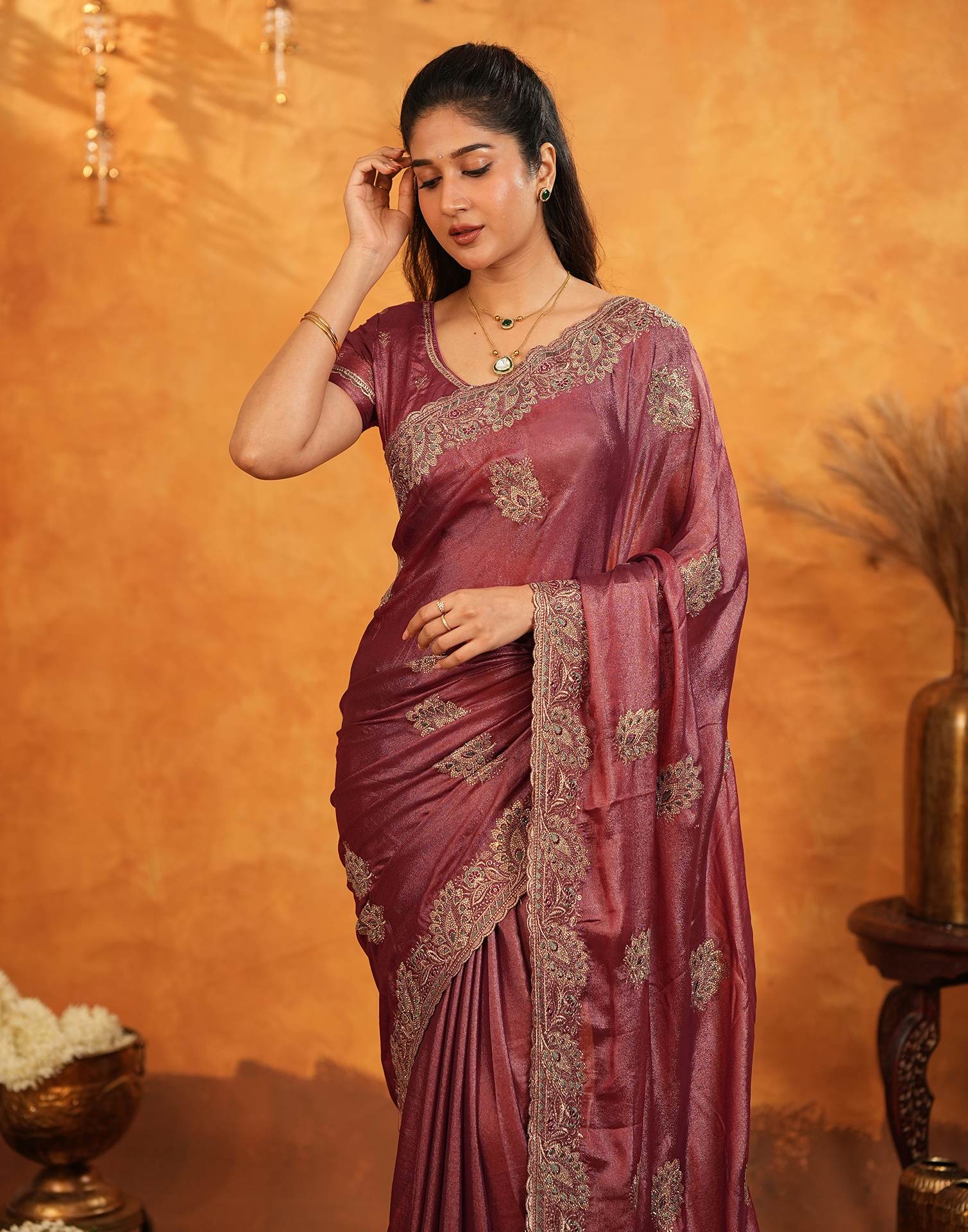 Dark Rose Pink Vichitra Silk Stone Work Embroidery Saree - Image 10