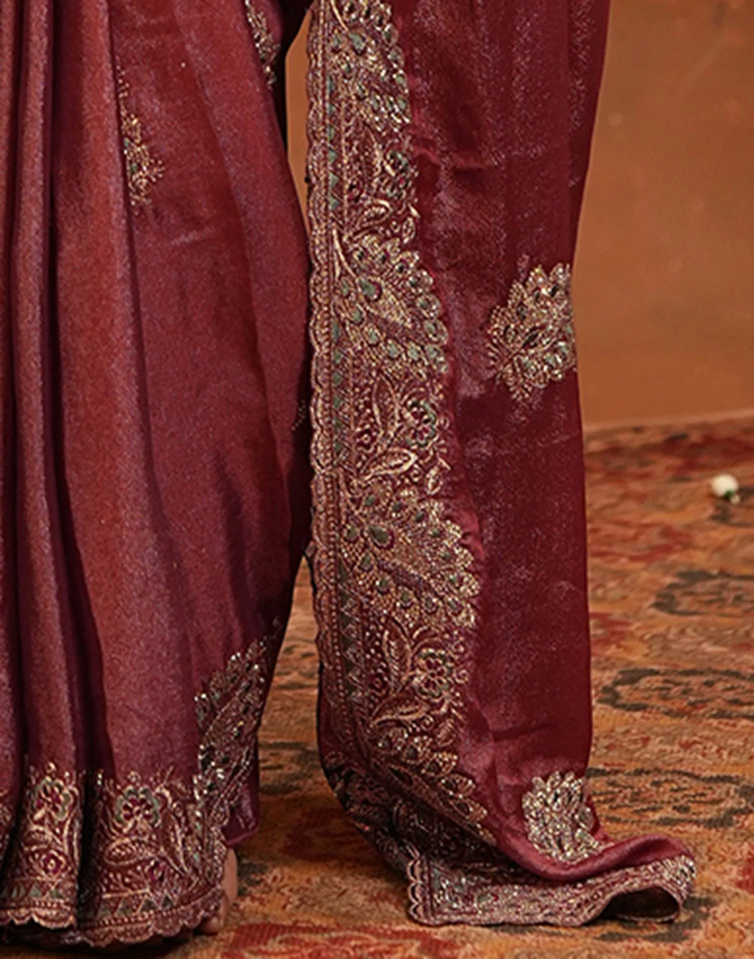 Dark Rose Pink Vichitra Silk Stone Work Embroidery Saree - Image 13