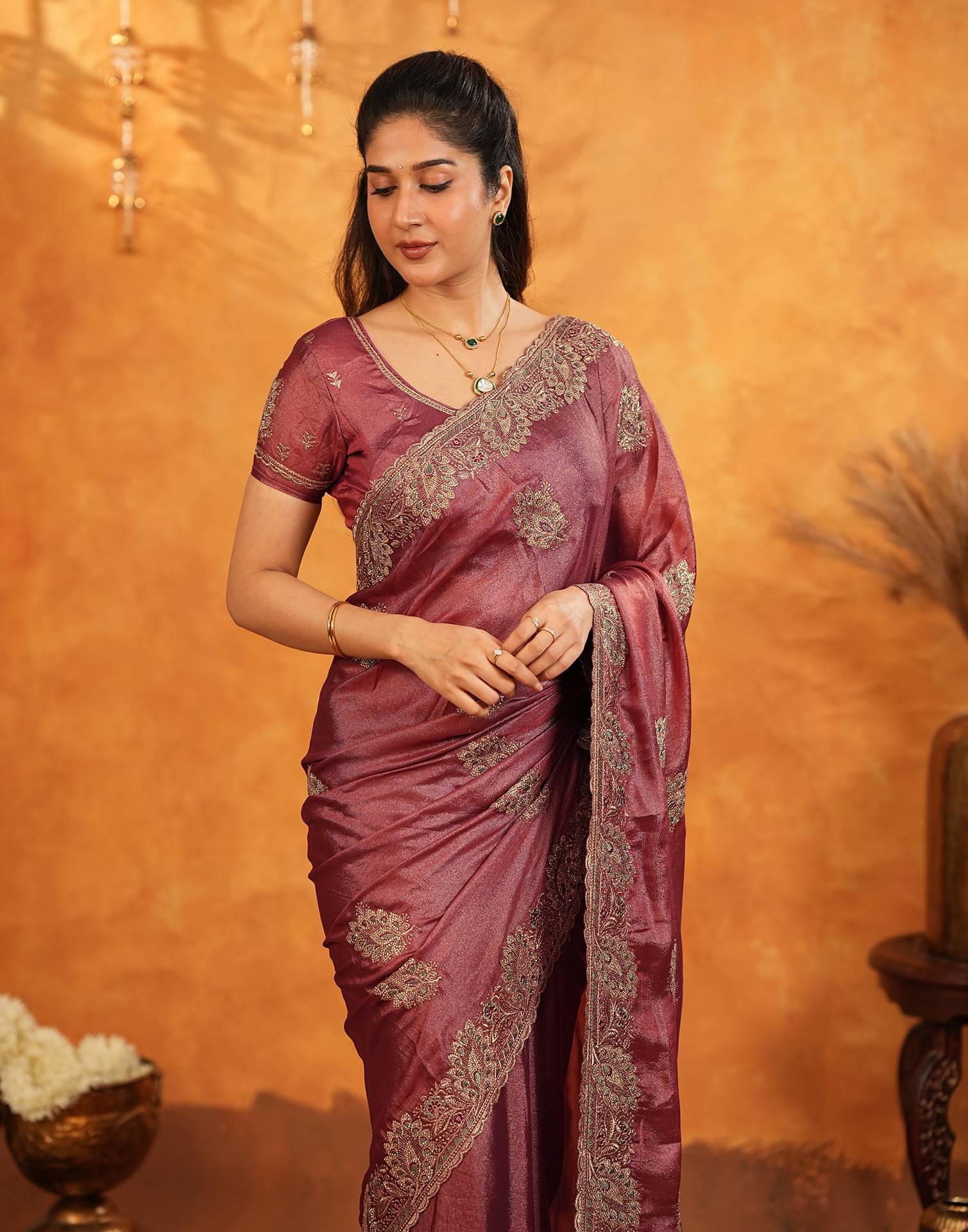 Dark Rose Pink Vichitra Silk Stone Work Embroidery Saree - Image 2