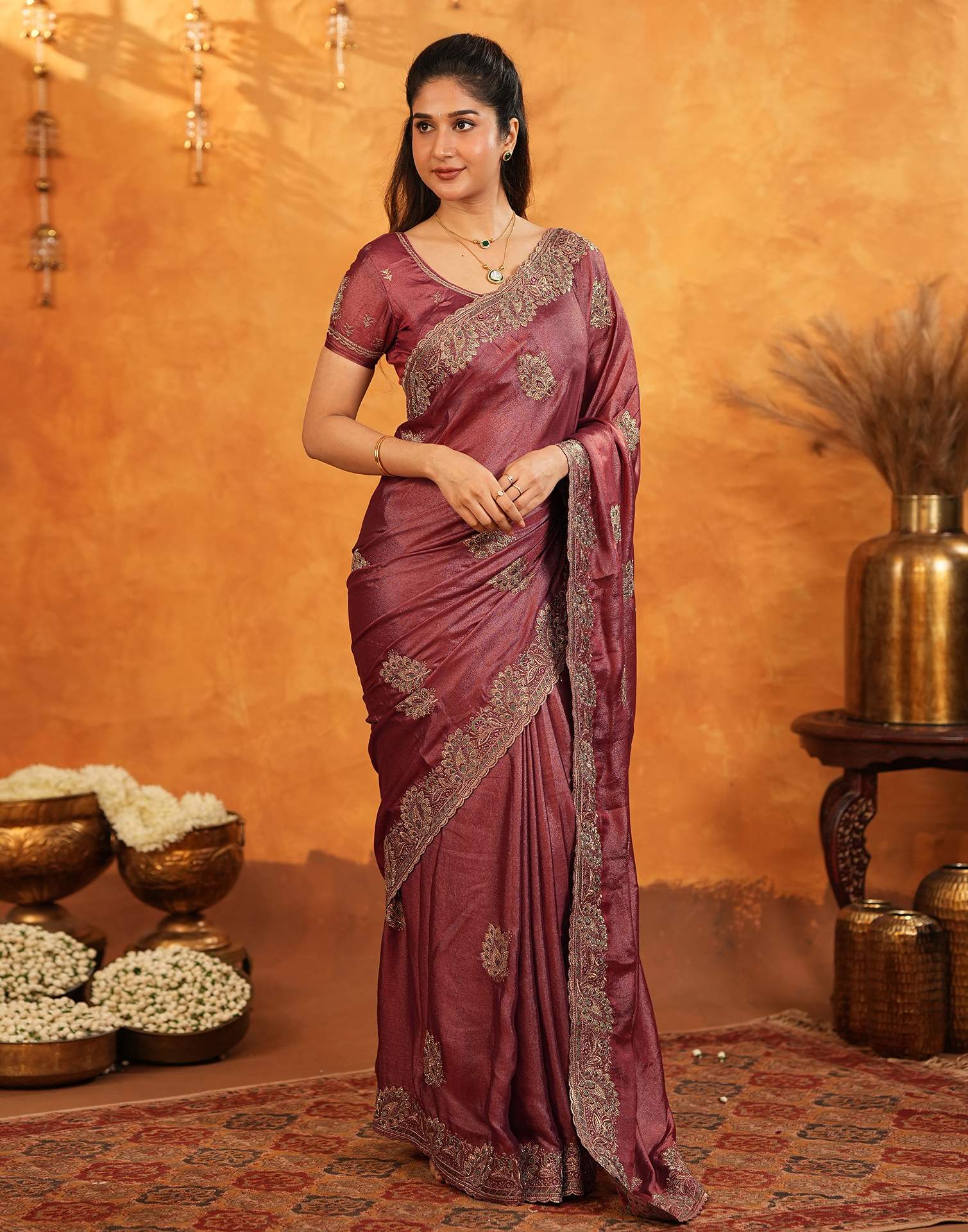 Dark Rose Pink Vichitra Silk Stone Work Embroidery Saree - Image 5
