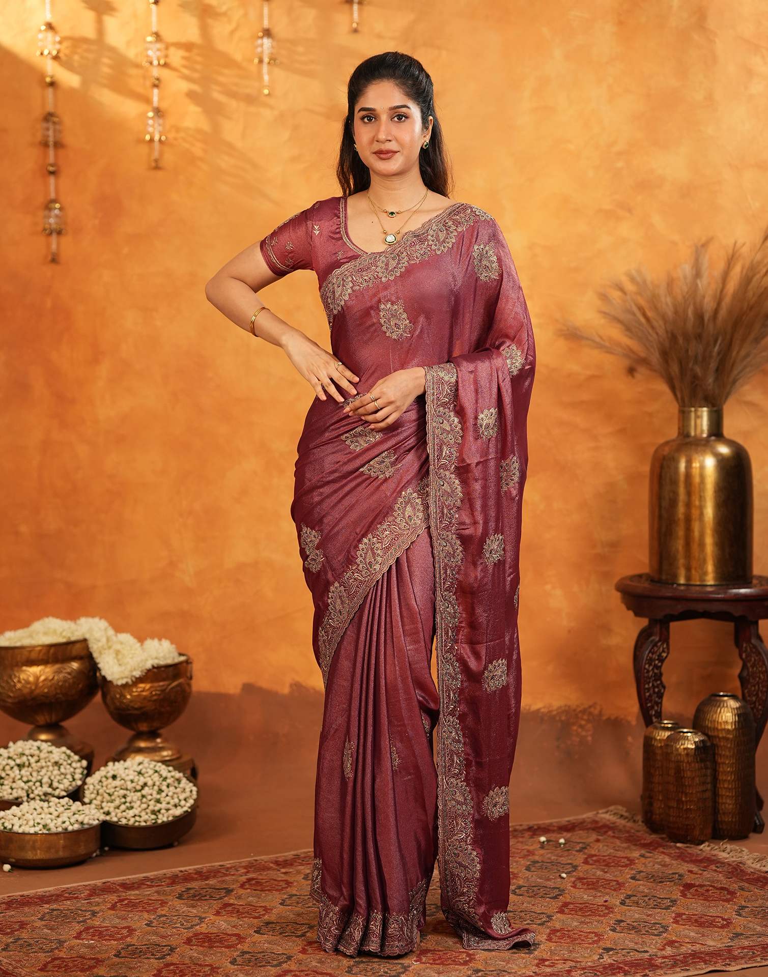 Dark Rose Pink Vichitra Silk Stone Work Embroidery Saree - Image 6