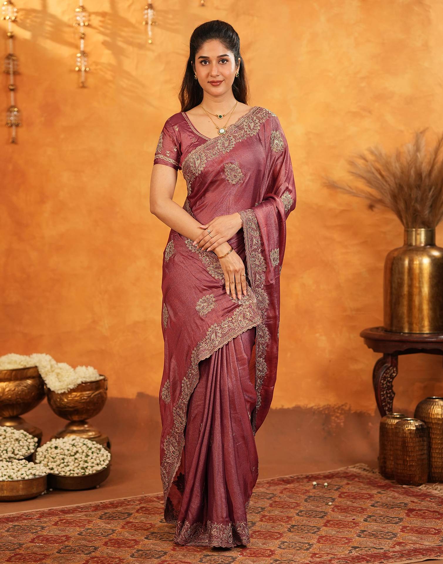 Dark Rose Pink Vichitra Silk Stone Work Embroidery Saree - Image 8