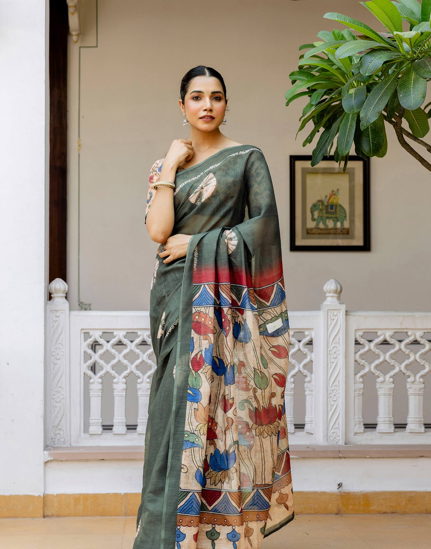 Dark Sage Green Linen Printed Saree - Image 10