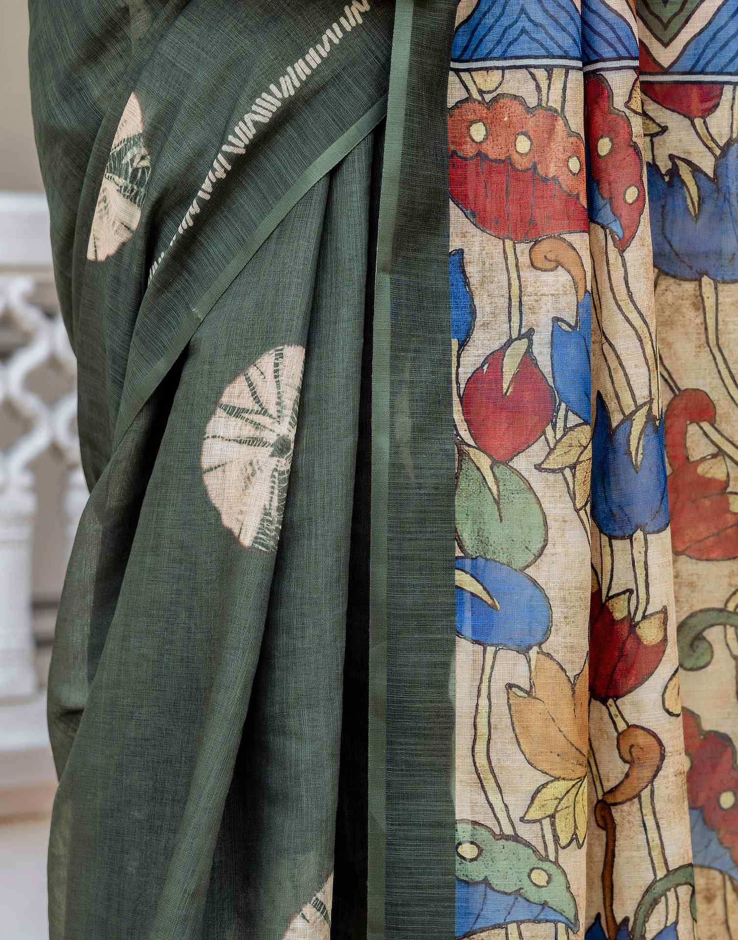 Dark Sage Green Linen Printed Saree - Image 11