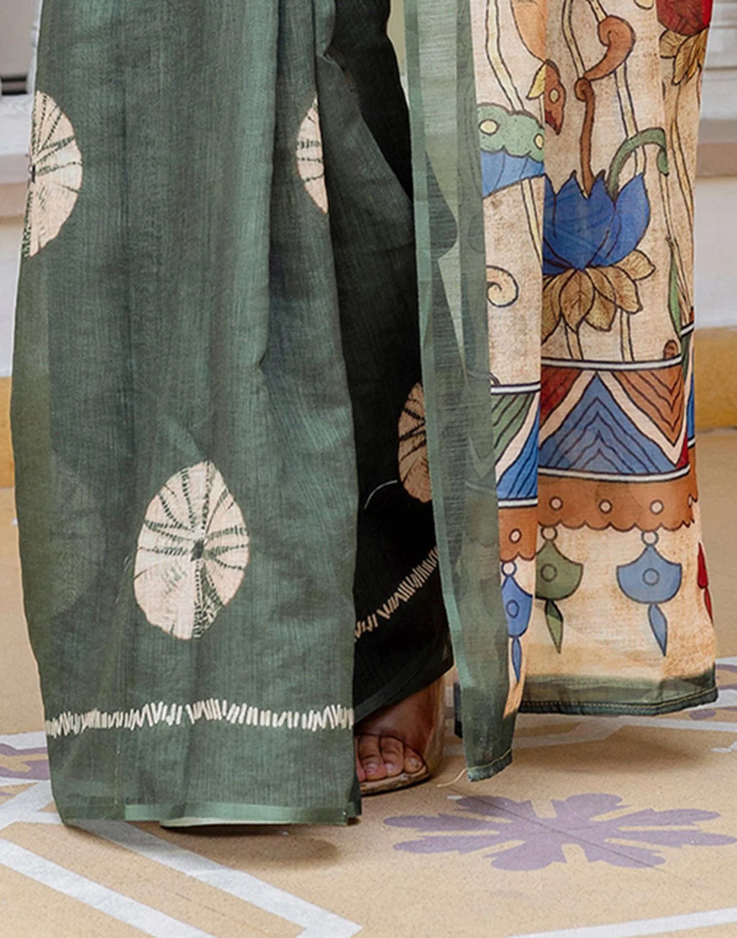 Dark Sage Green Linen Printed Saree - Image 12