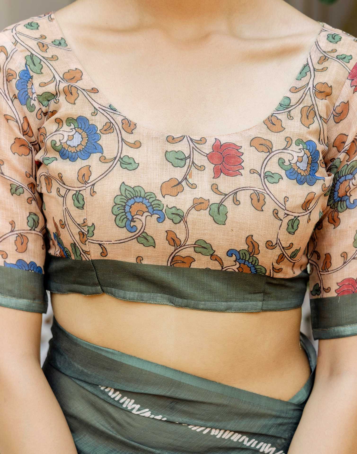Dark Sage Green Linen Printed Saree - Image 13