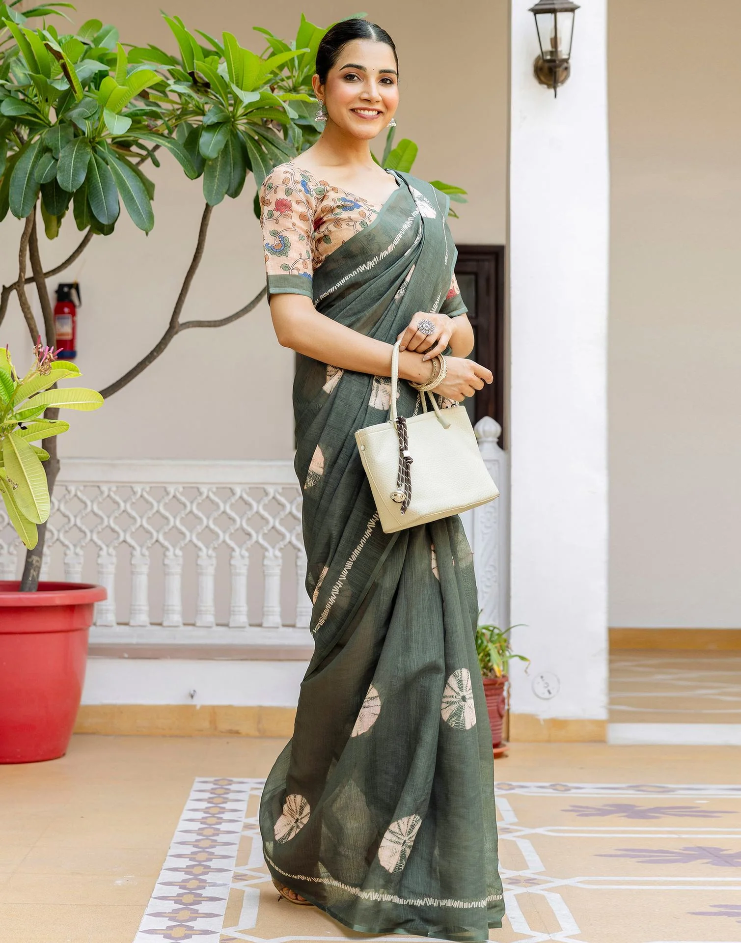 Dark Sage Green Linen Printed Saree - Image 6