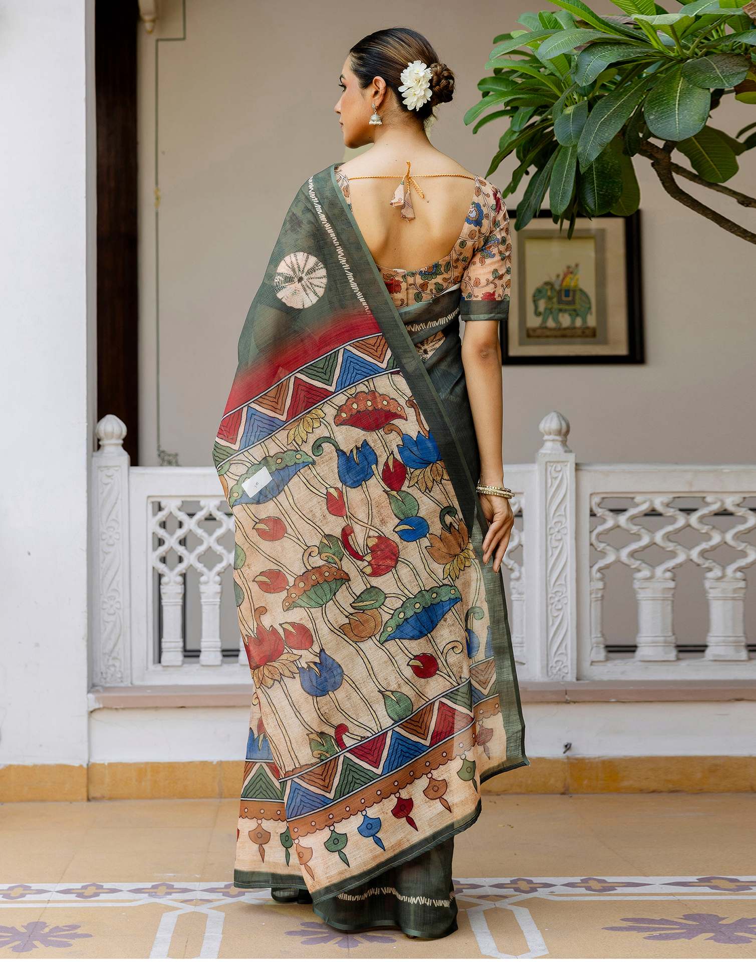 Dark Sage Green Linen Printed Saree - Image 7
