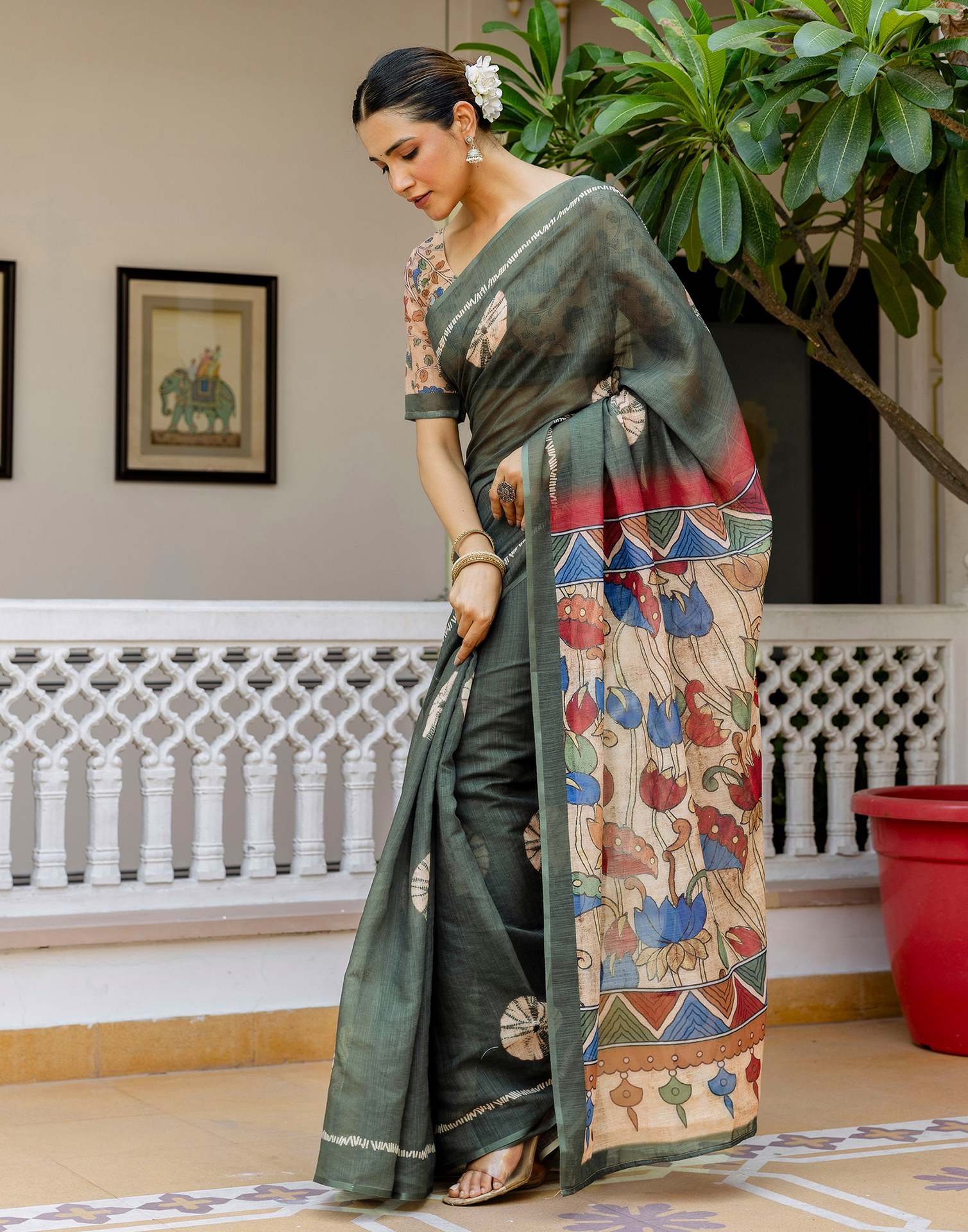 Dark Sage Green Linen Printed Saree - Image 8