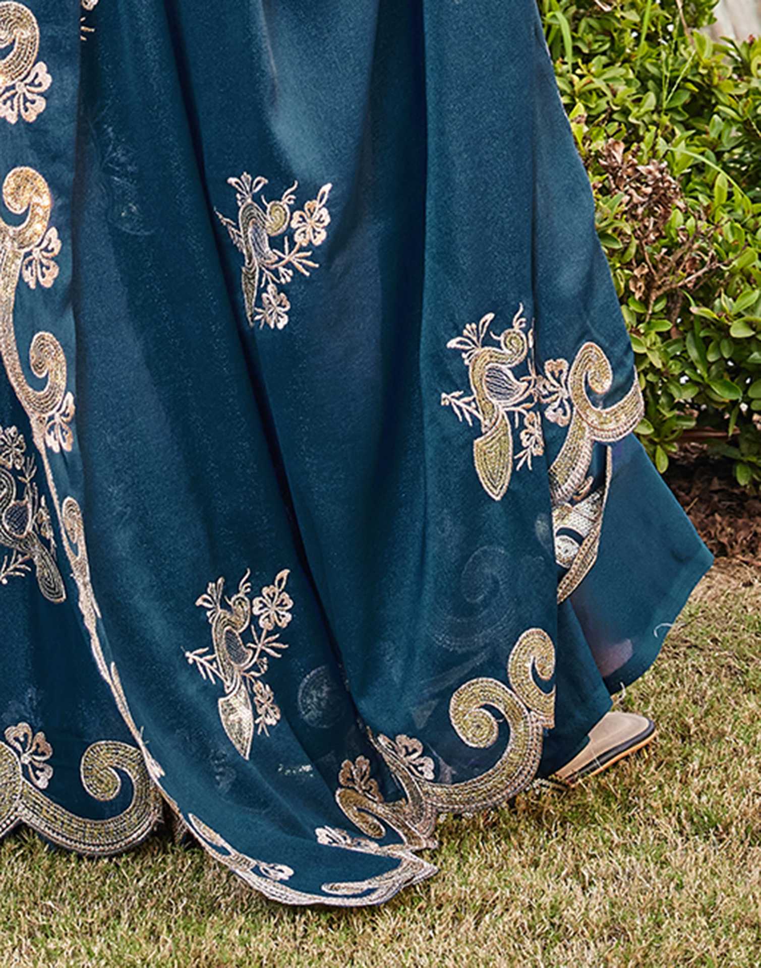 Dark Teal Blue Shimmer Sequence Embroidery Saree - Image 10