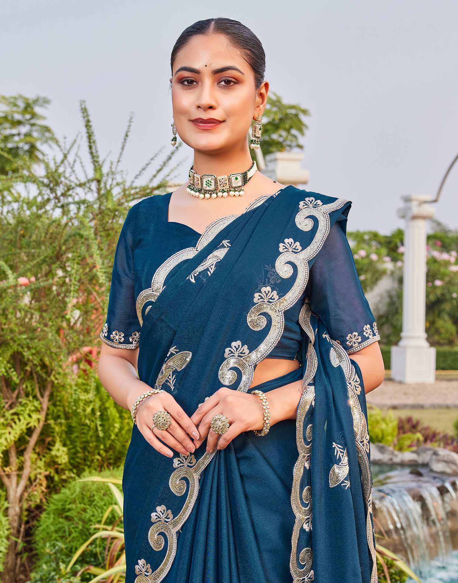 Dark Teal Blue Shimmer Sequence Embroidery Saree - Image 2