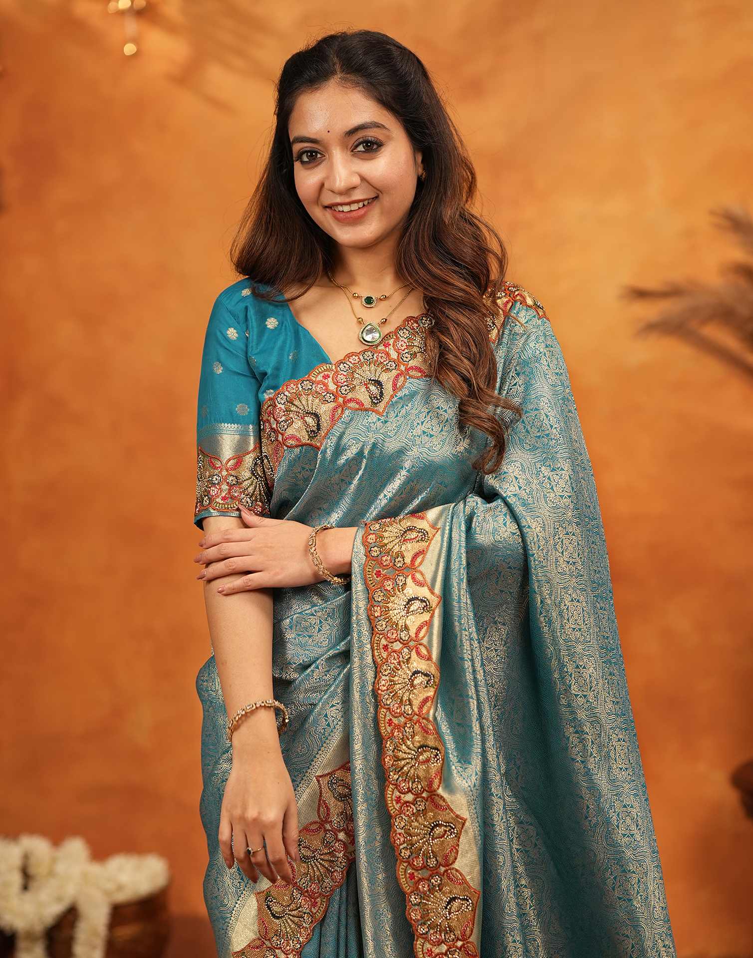 Dark Teal Blue Silk Woven Embroidery Stone Work Banarasi Saree - Image 10