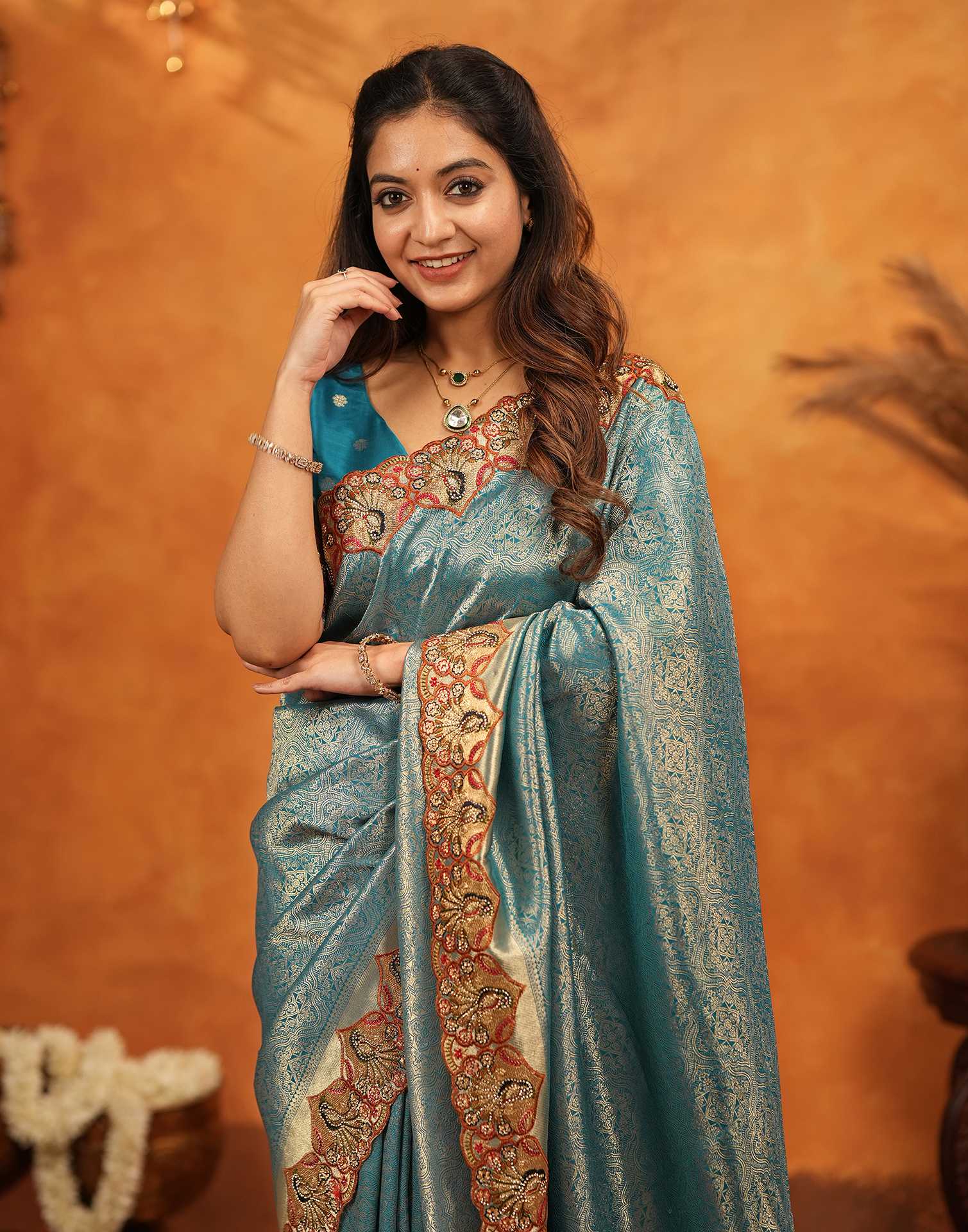 Dark Teal Blue Silk Woven Embroidery Stone Work Banarasi Saree - Image 11