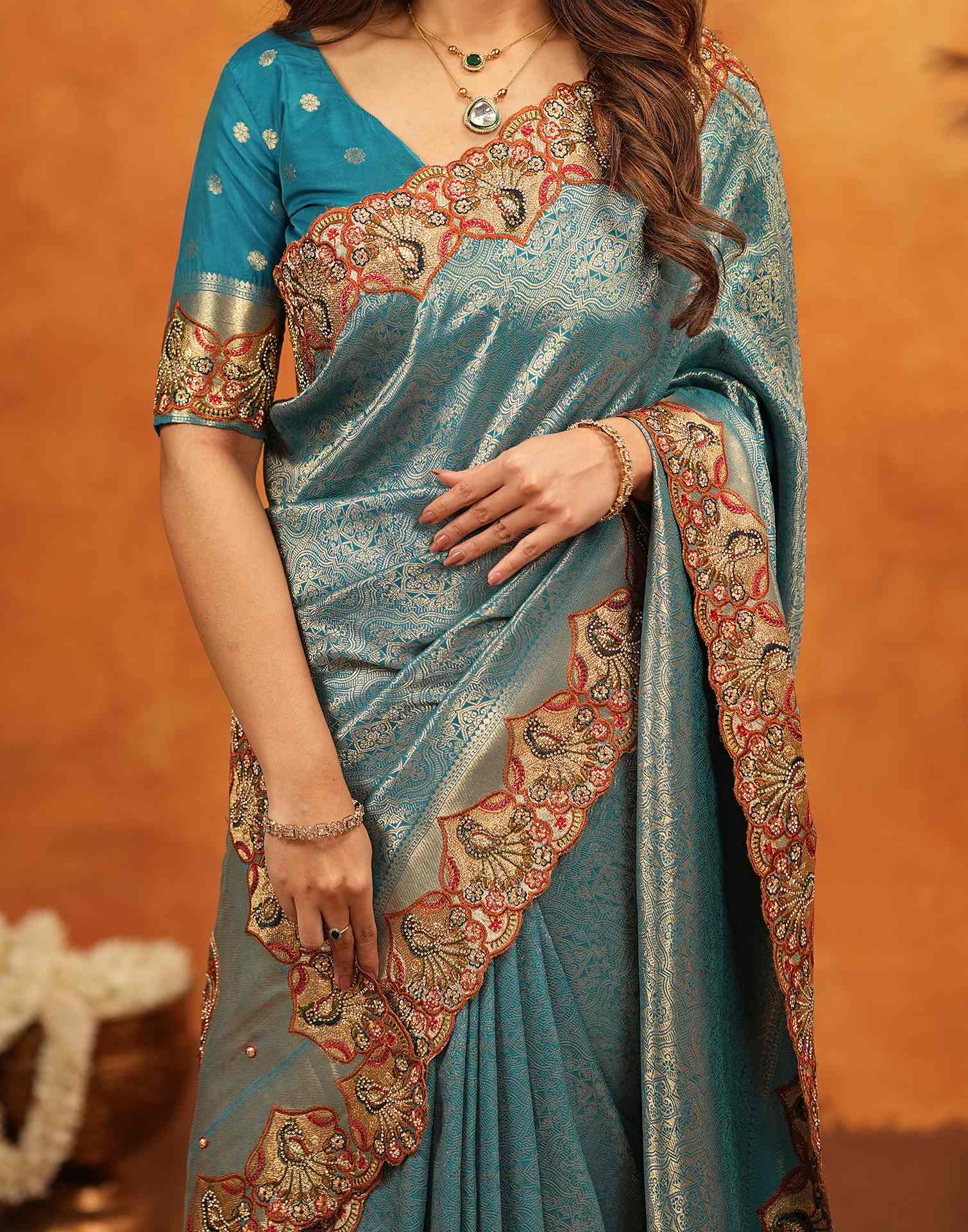 Dark Teal Blue Silk Woven Embroidery Stone Work Banarasi Saree - Image 13