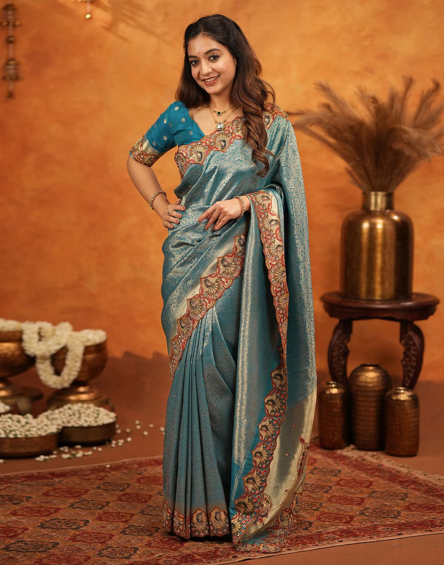 Dark Teal Blue Silk Woven Embroidery Stone Work Banarasi Saree - Image 5