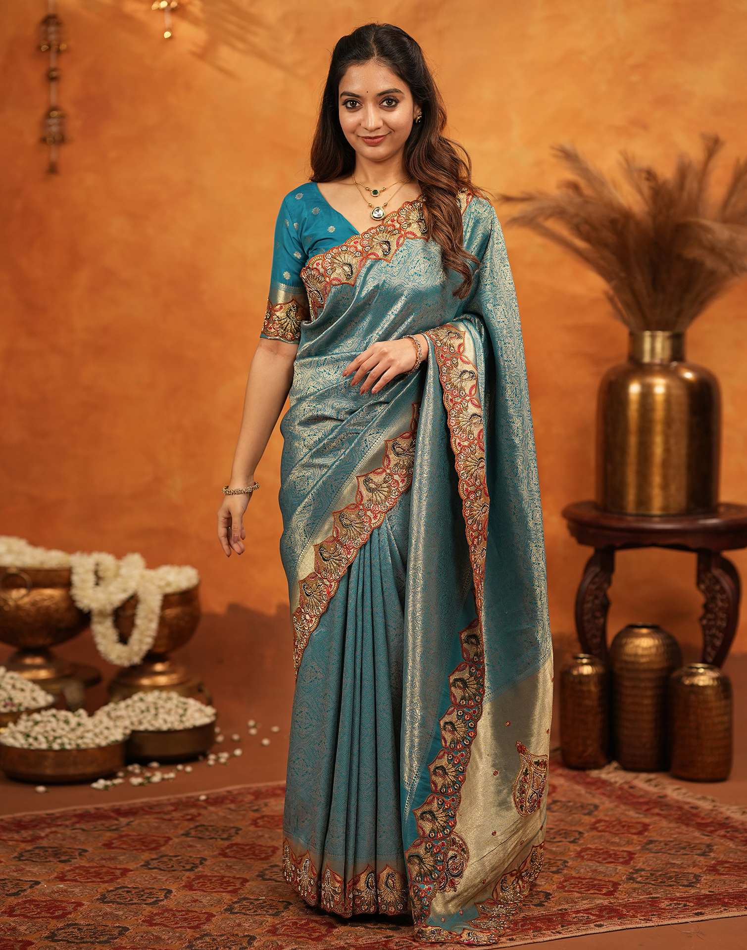 Dark Teal Blue Silk Woven Embroidery Stone Work Banarasi Saree - Image 7