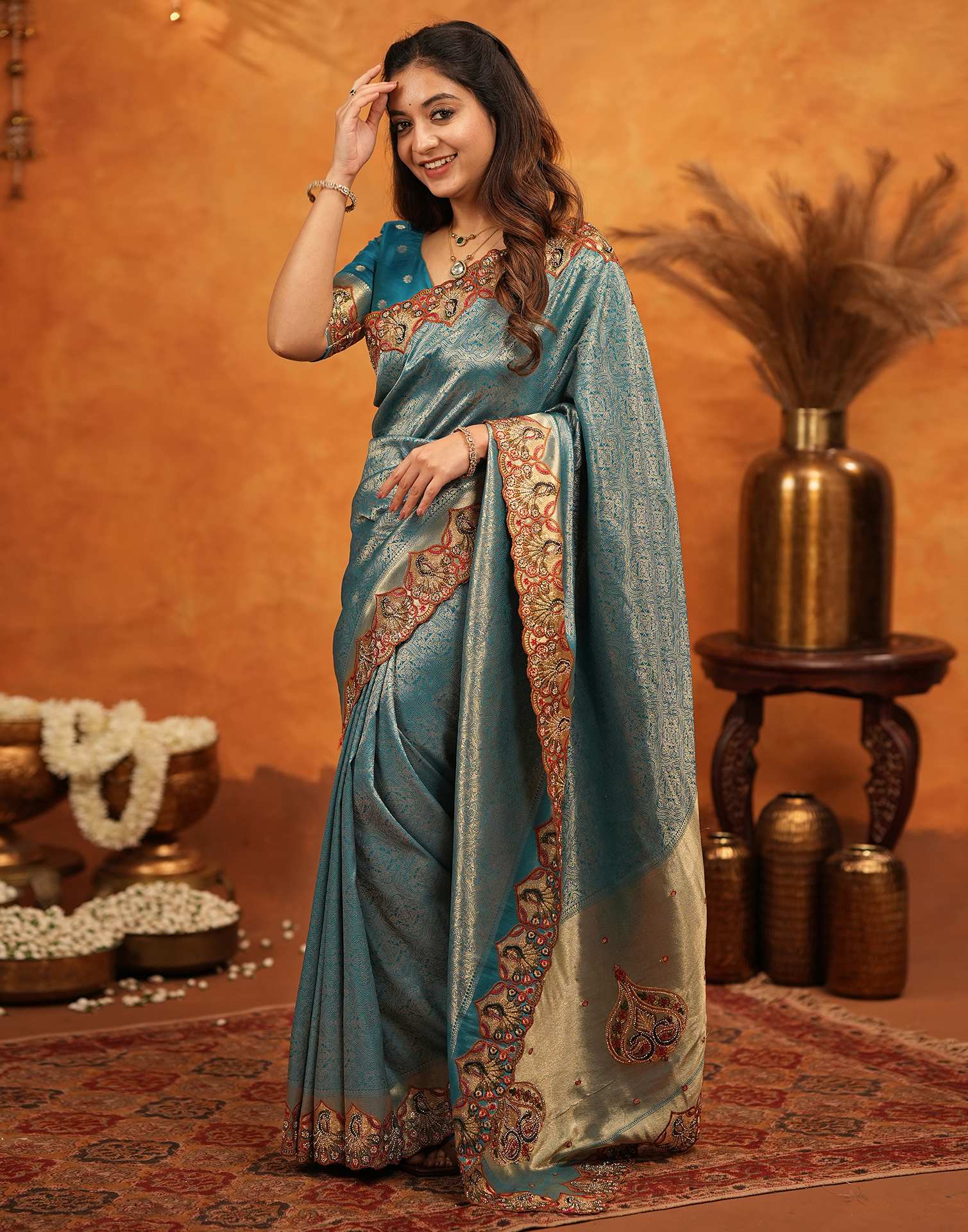 Dark Teal Blue Silk Woven Embroidery Stone Work Banarasi Saree - Image 8
