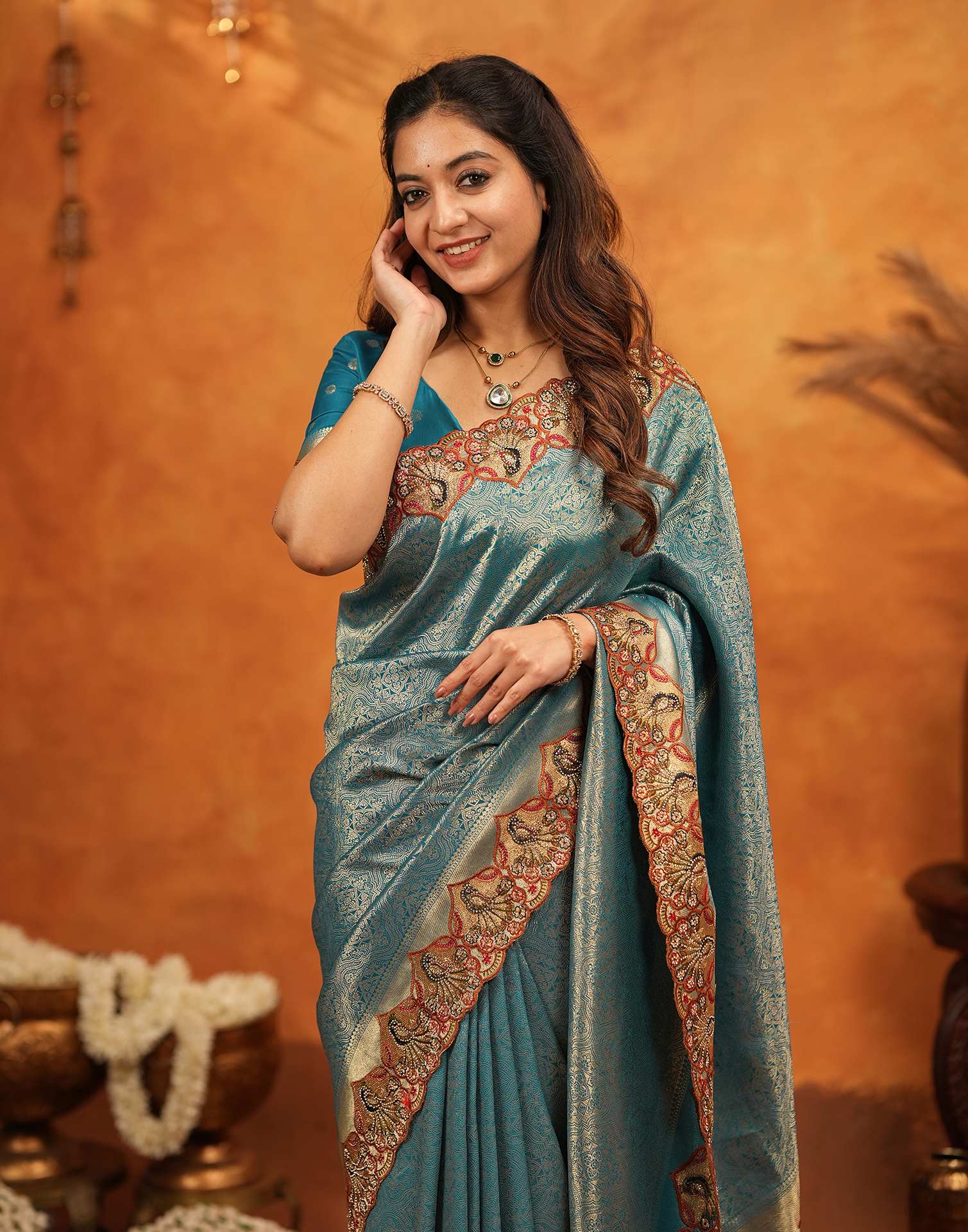 Dark Teal Blue Silk Woven Embroidery Stone Work Banarasi Saree - Image 9