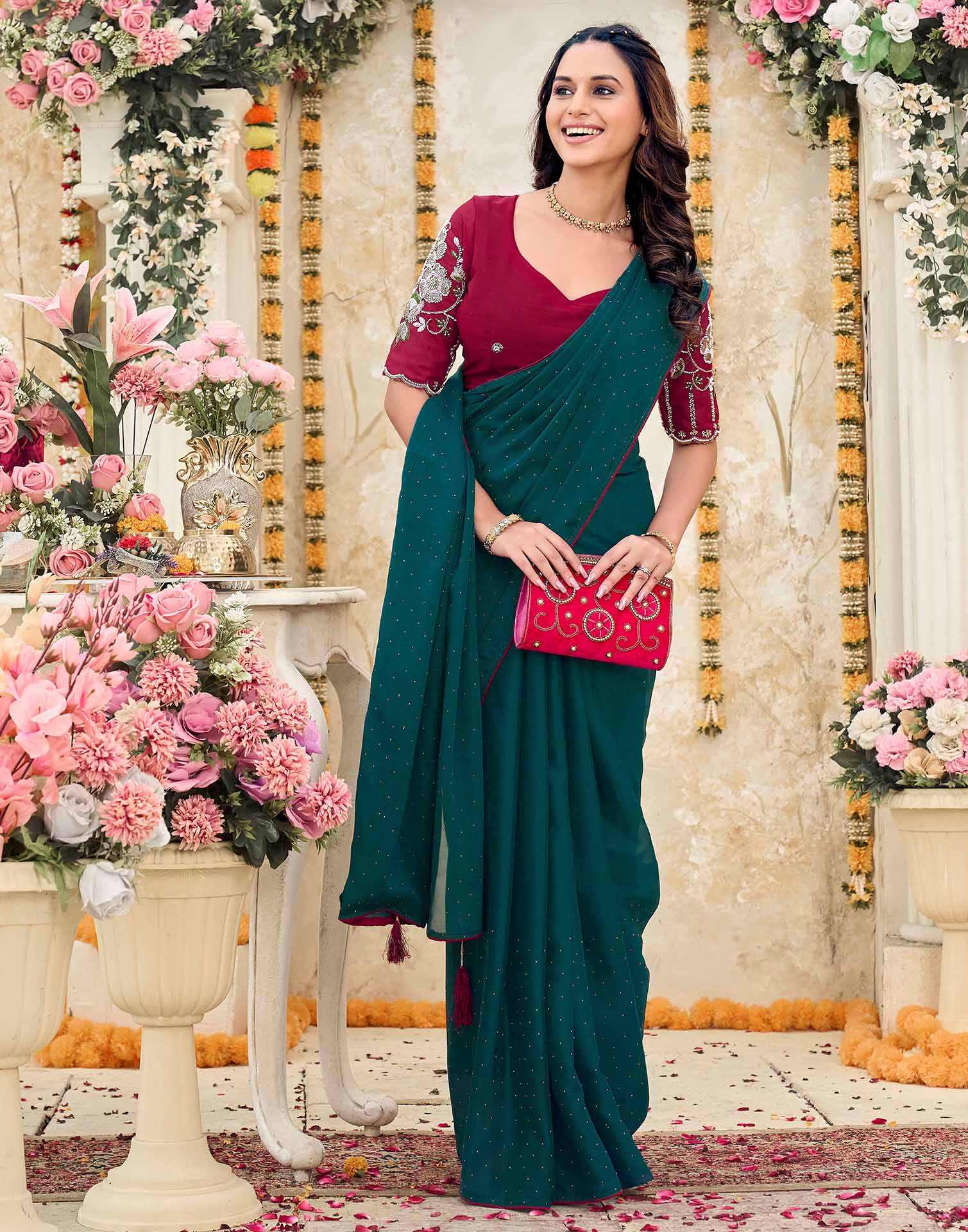 Dark Teal Green Georgette Stone Work Swarovski  Saree - Image 5