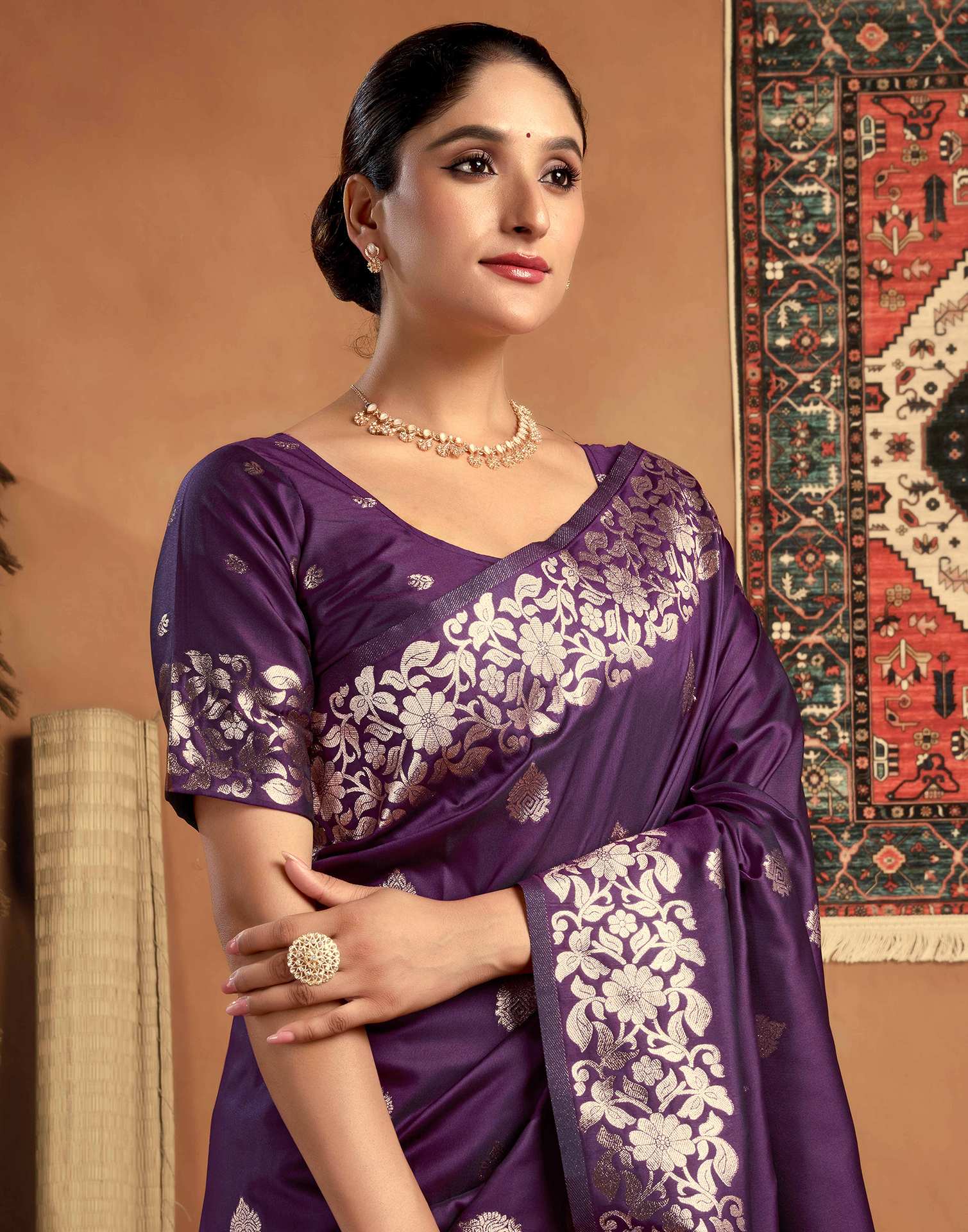 Dark Violet Silk Woven Banarasi Saree - Image 2