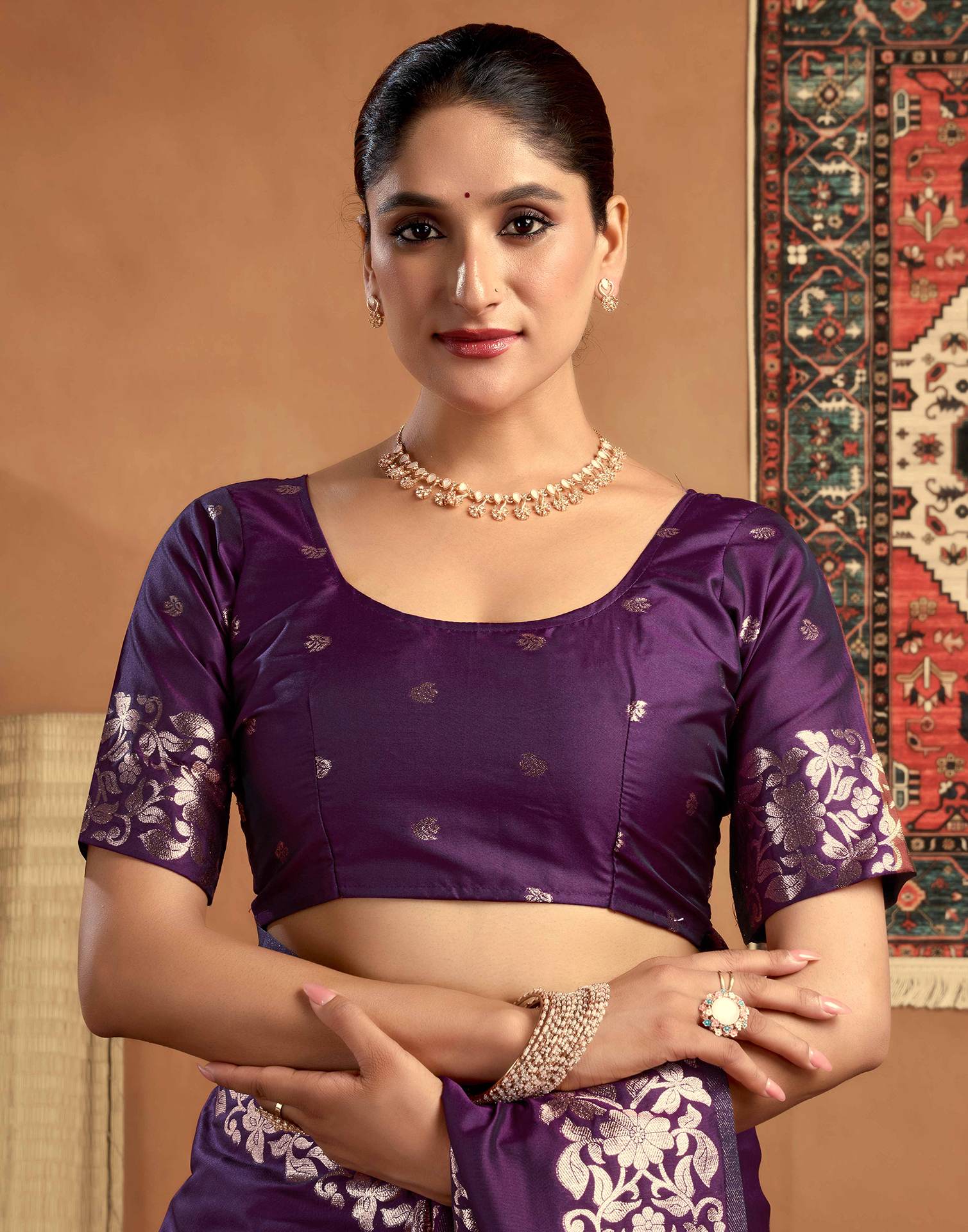 Dark Violet Silk Woven Banarasi Saree - Image 8