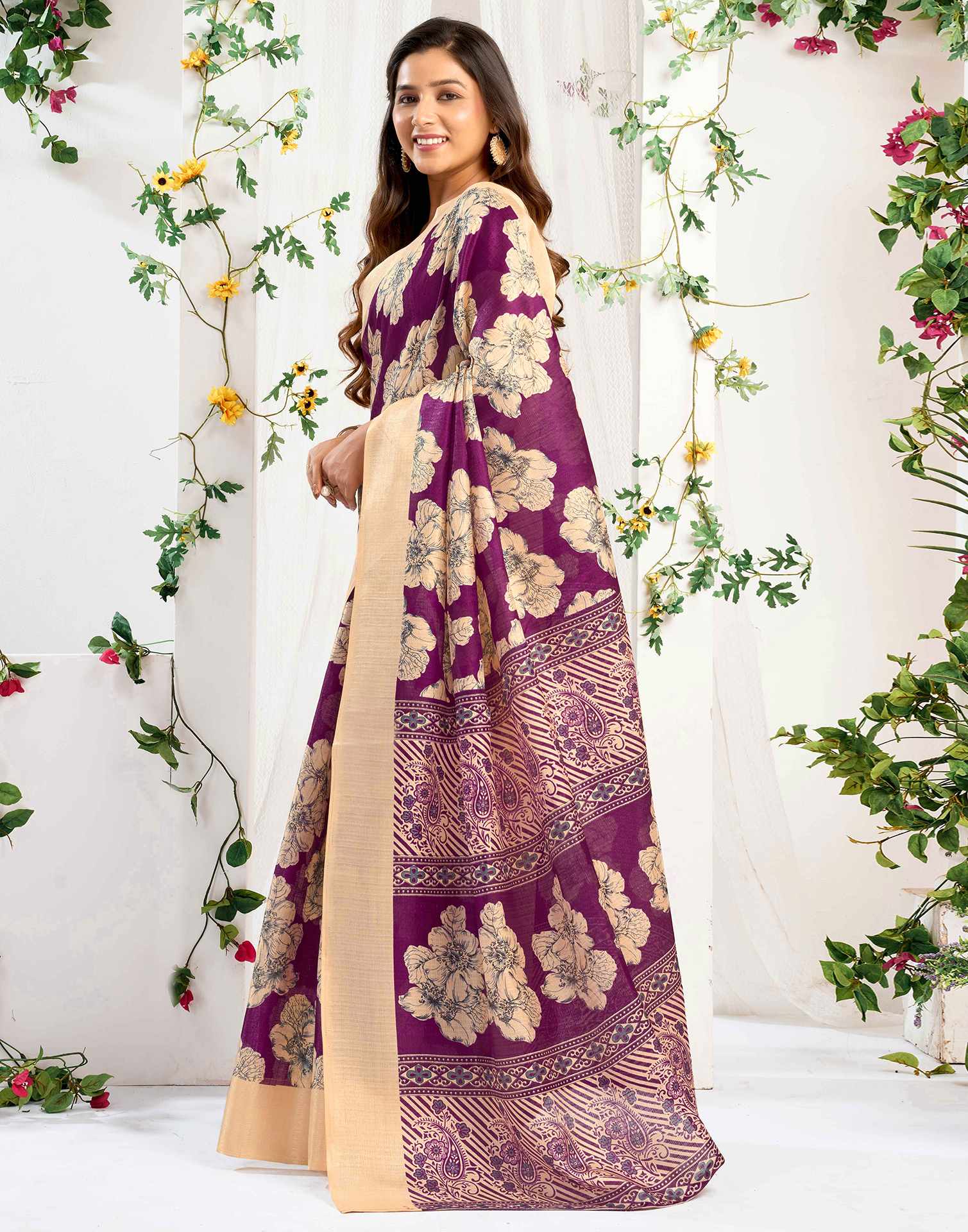 Dark Wine Cotton Floral Printed Saree - Image 4