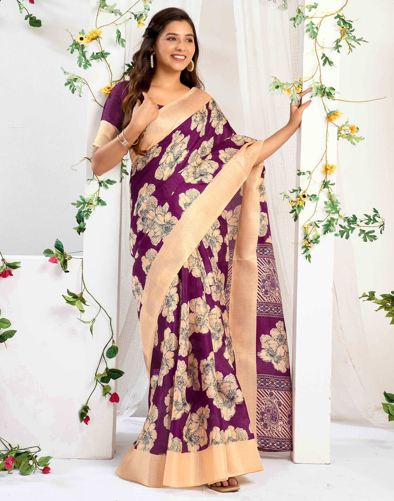 Dark Wine Cotton Floral Printed Saree - Image 5