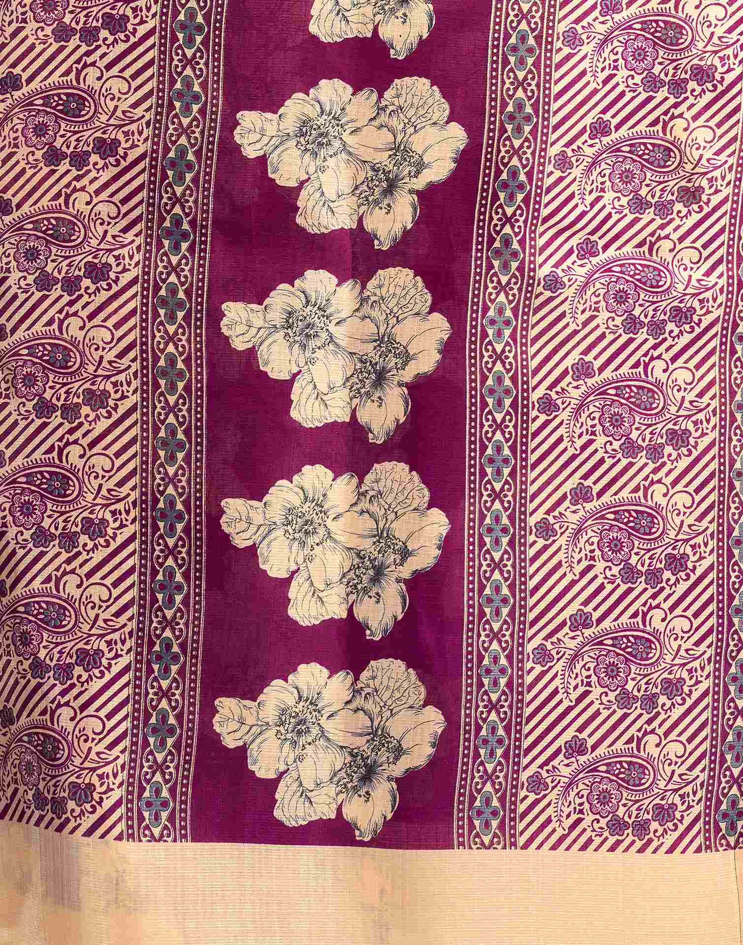Dark Wine Cotton Floral Printed Saree - Image 7