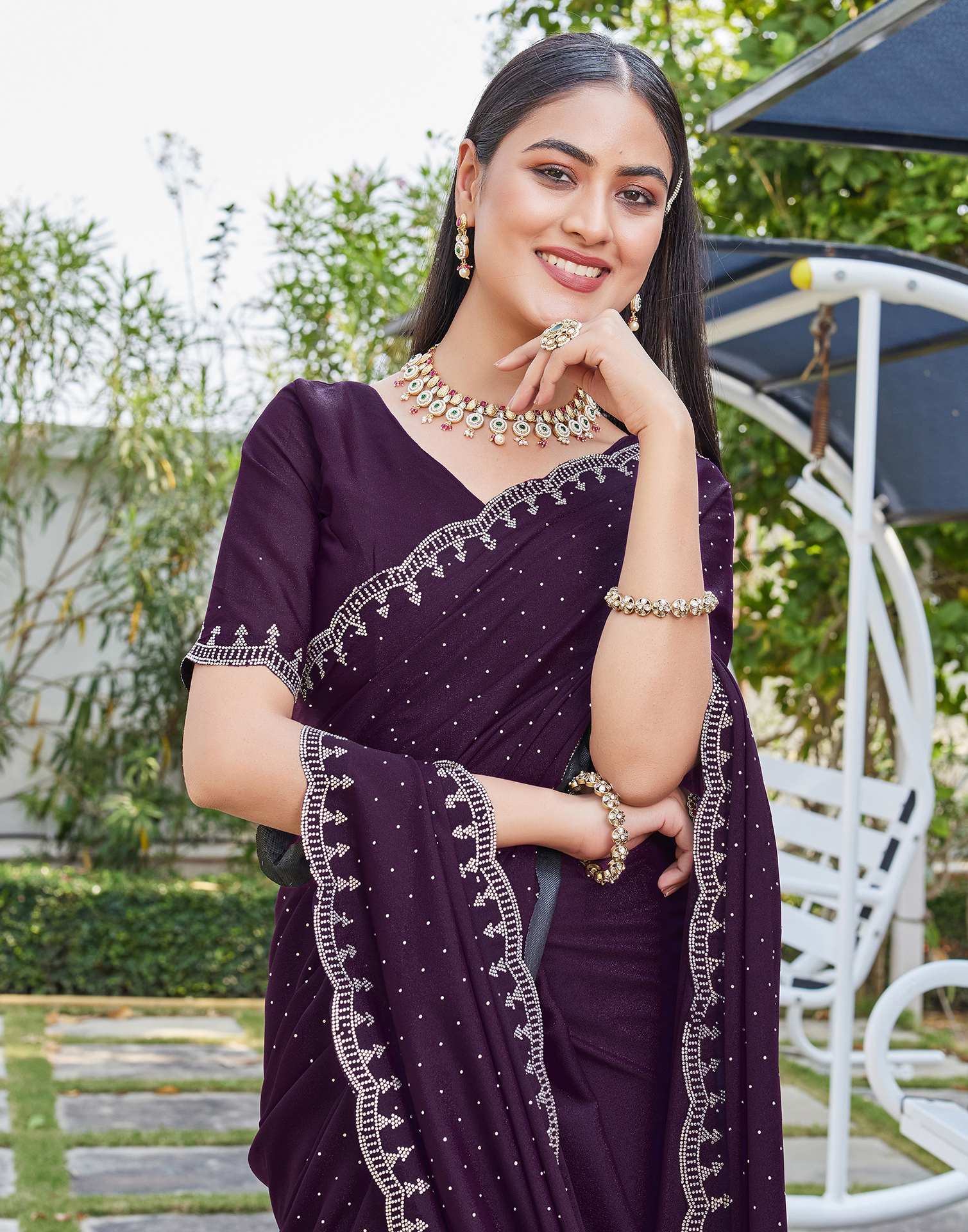 Dark Wine Georgette Stone Work Swarovski Saree - Image 2