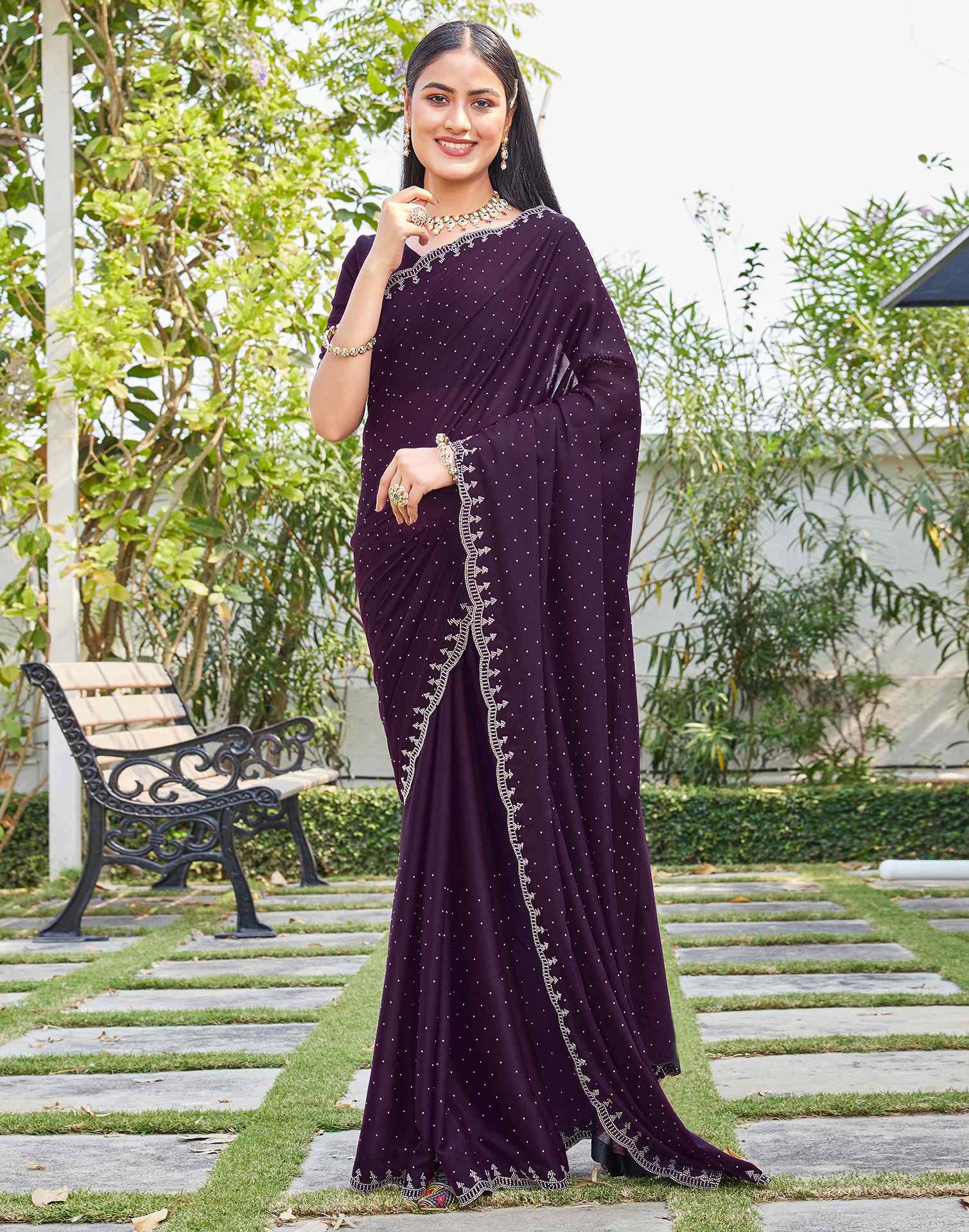 Dark Wine Georgette Stone Work Swarovski Saree - Image 4