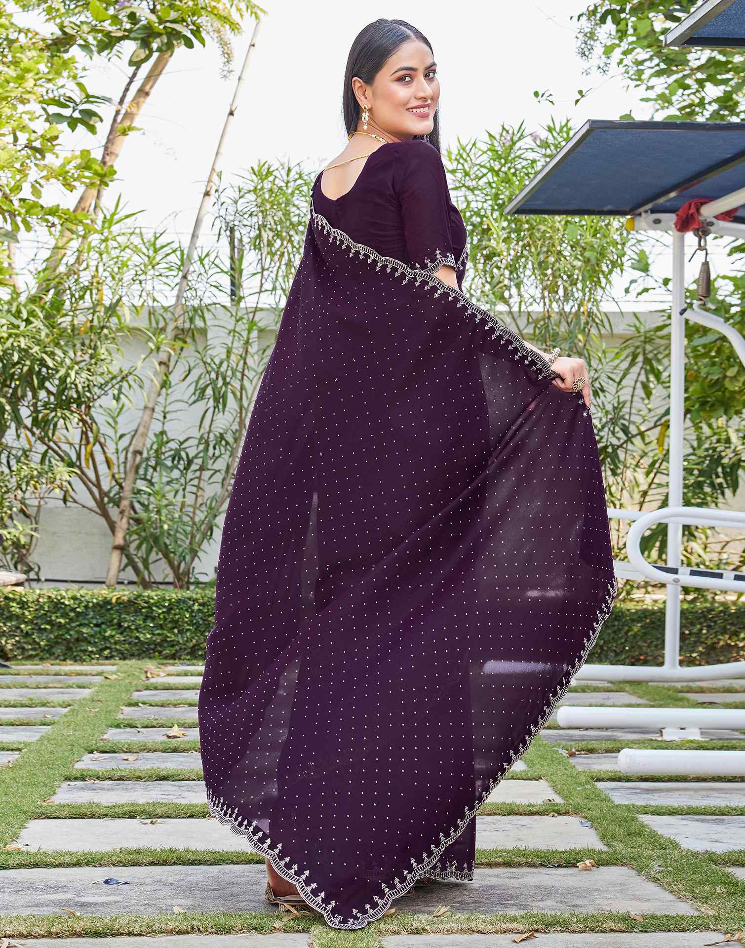 Dark Wine Georgette Stone Work Swarovski Saree - Image 6