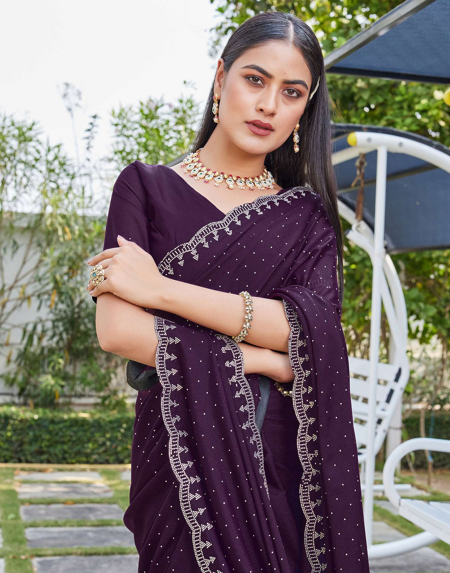 Dark Wine Georgette Stone Work Swarovski Saree - Image 8
