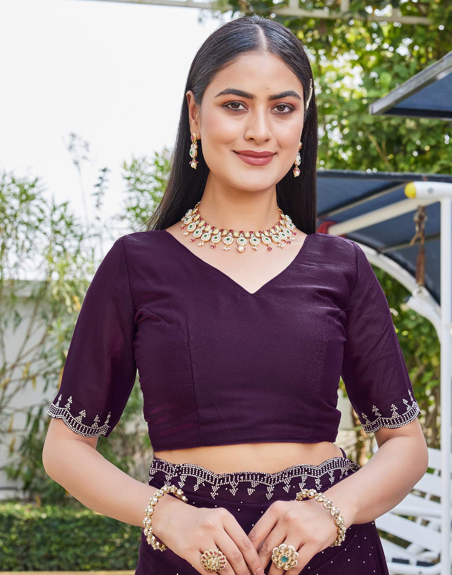 Dark Wine Georgette Stone Work Swarovski Saree - Image 9