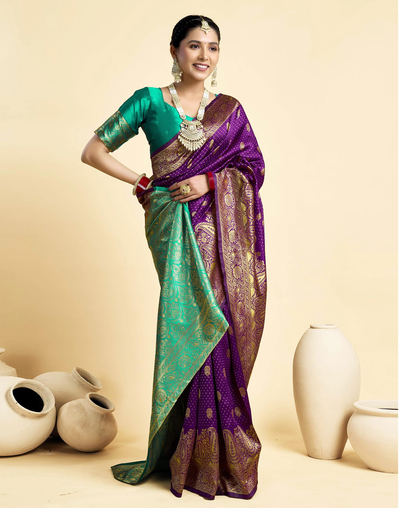Dark Wine Silk Woven Banarasi Saree - Image 5