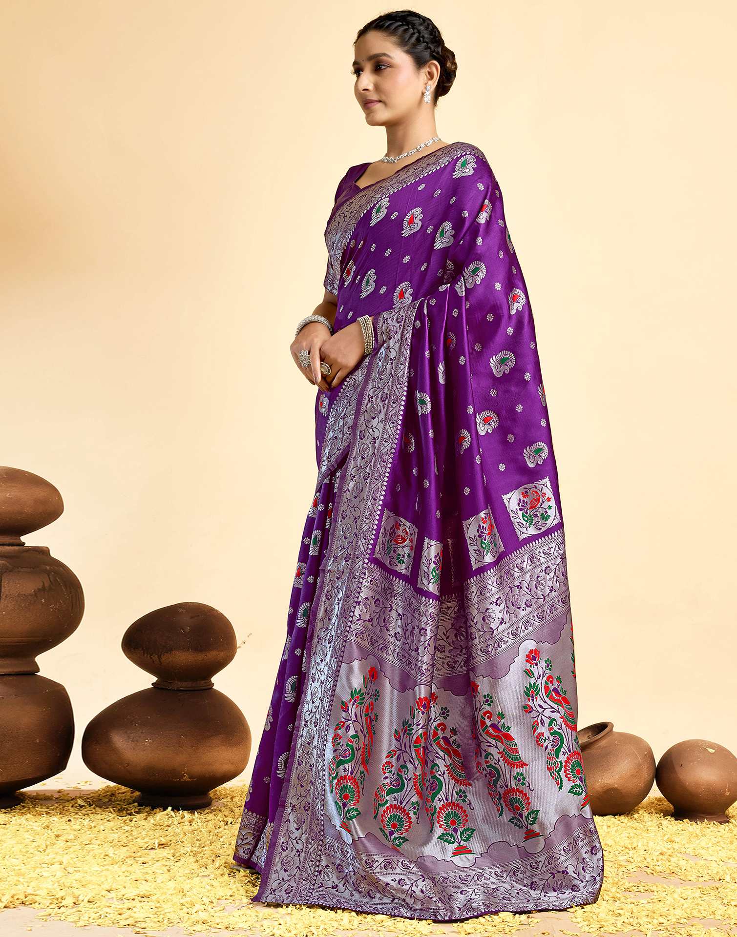 Dark Wine Silk Woven Paithani Saree - Image 4