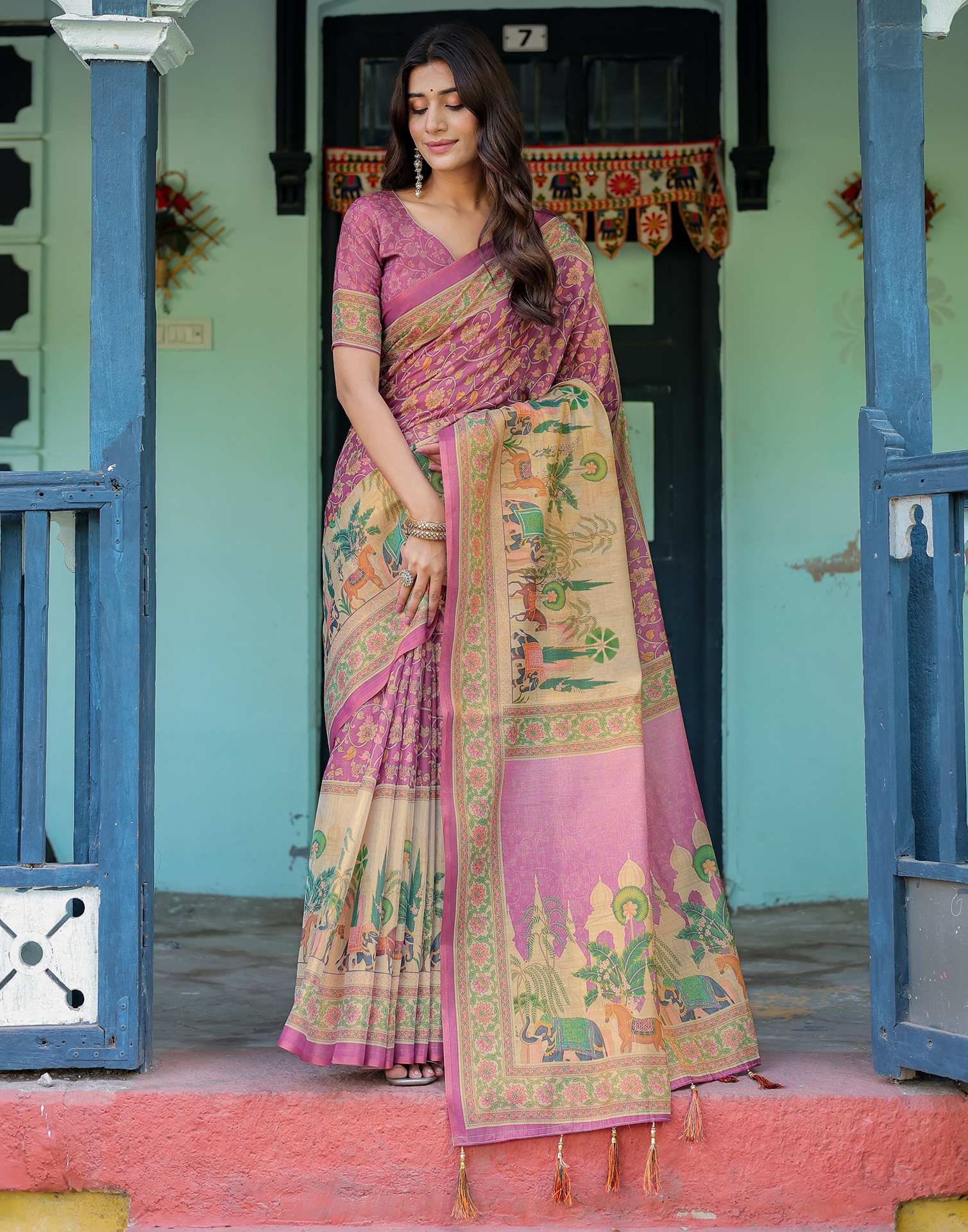 Deep Rose Pink Shimmer Silk Printed Saree - Image 11